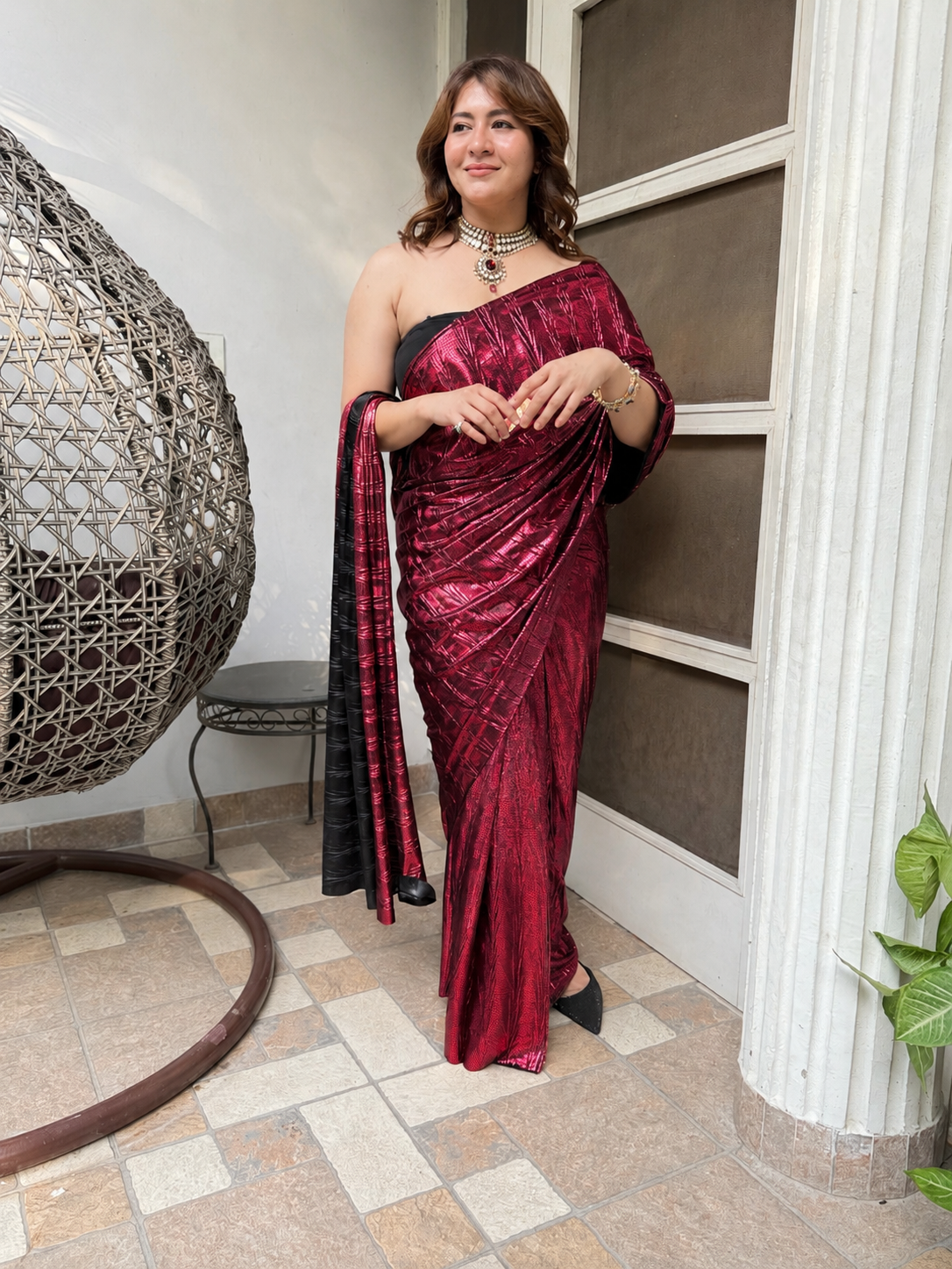 Venetian Red pre-draped saree set
