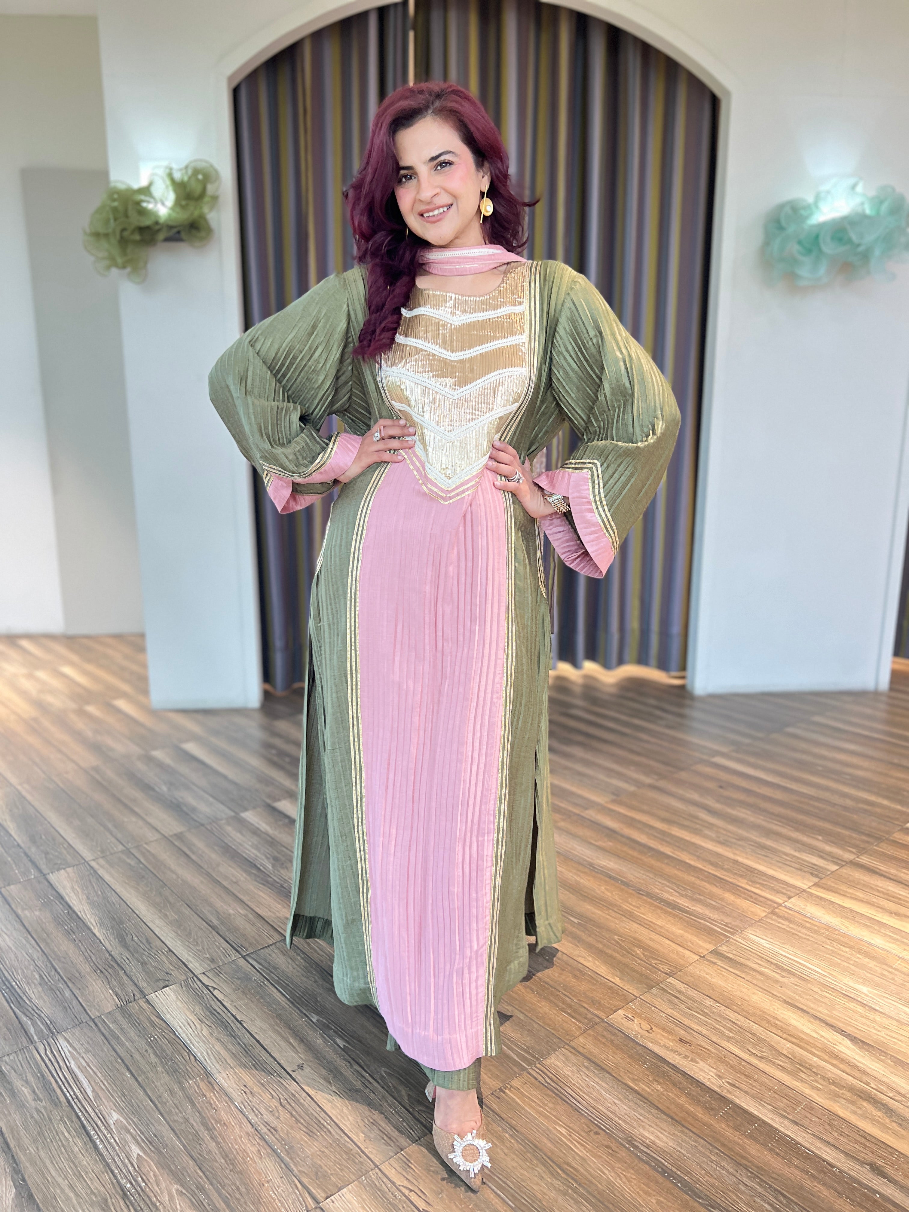 Denim peach olive green farsi long salwar set