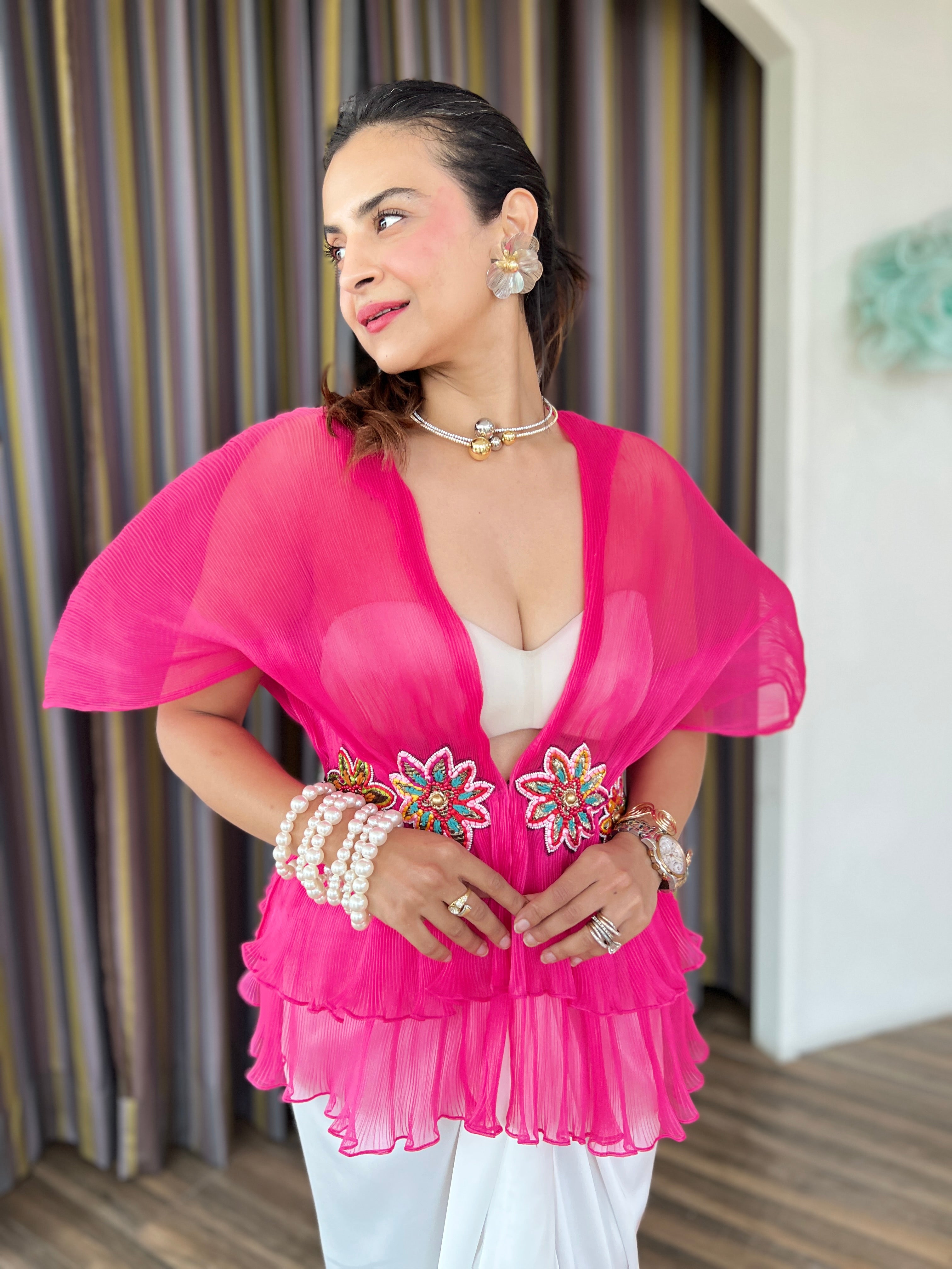 Valentino pink embroidered layered armani silk skirt set