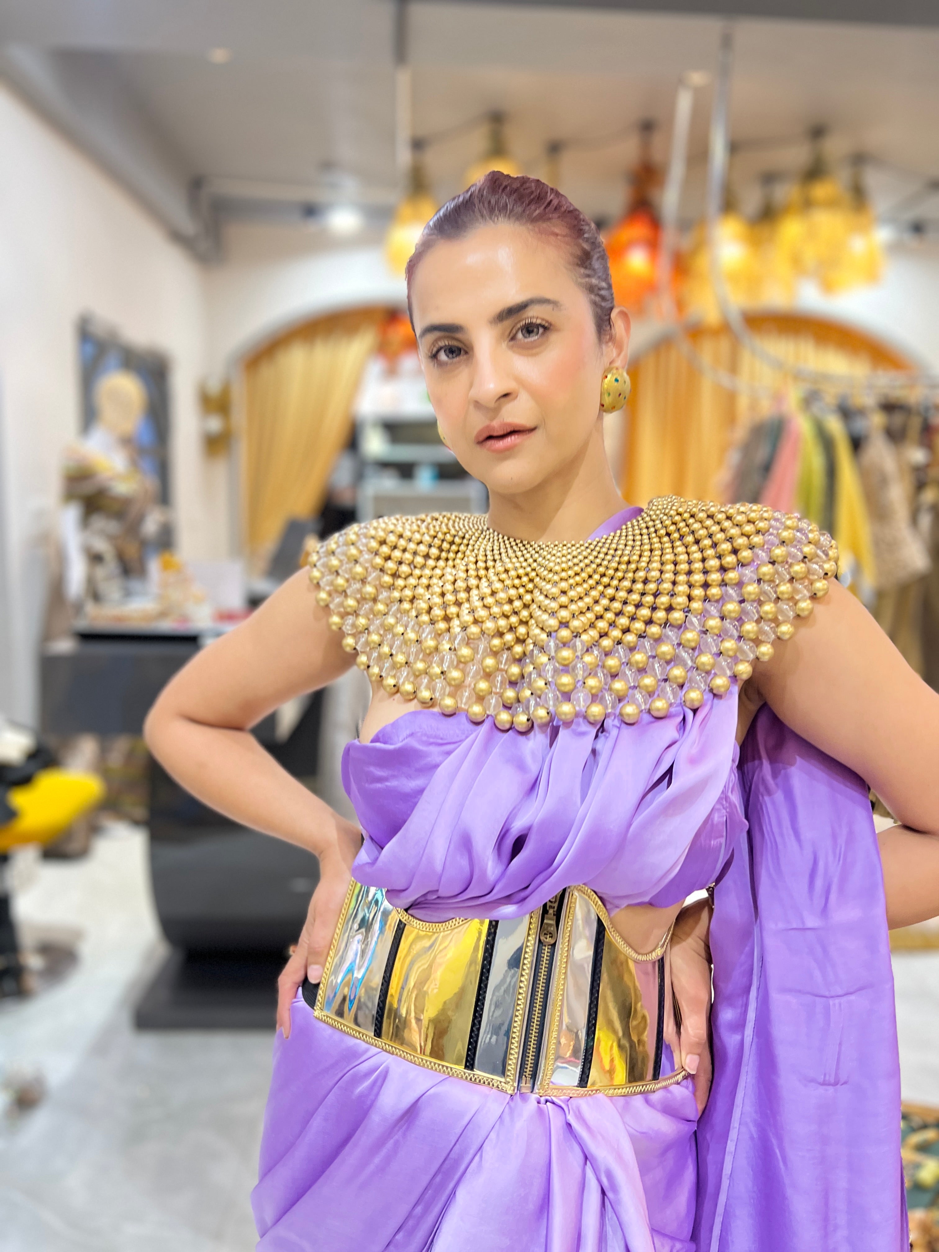 Lilac saree set with corset belt and beaded cape