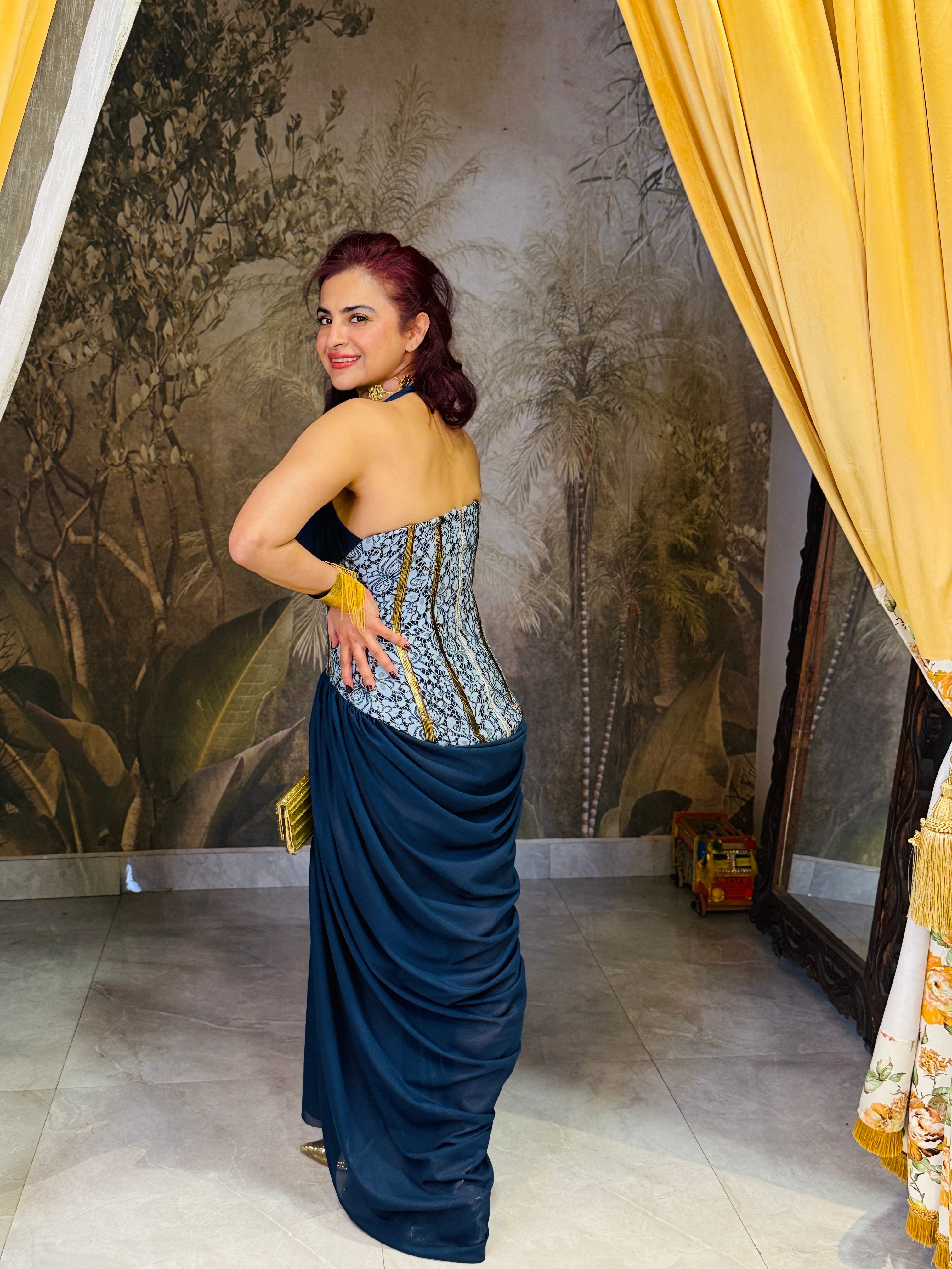 Saphire blue V-neck Lycra corset gown .