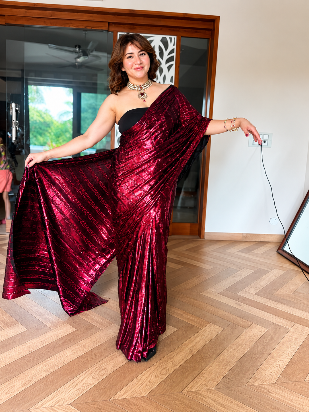 Venetian Red pre-draped saree set