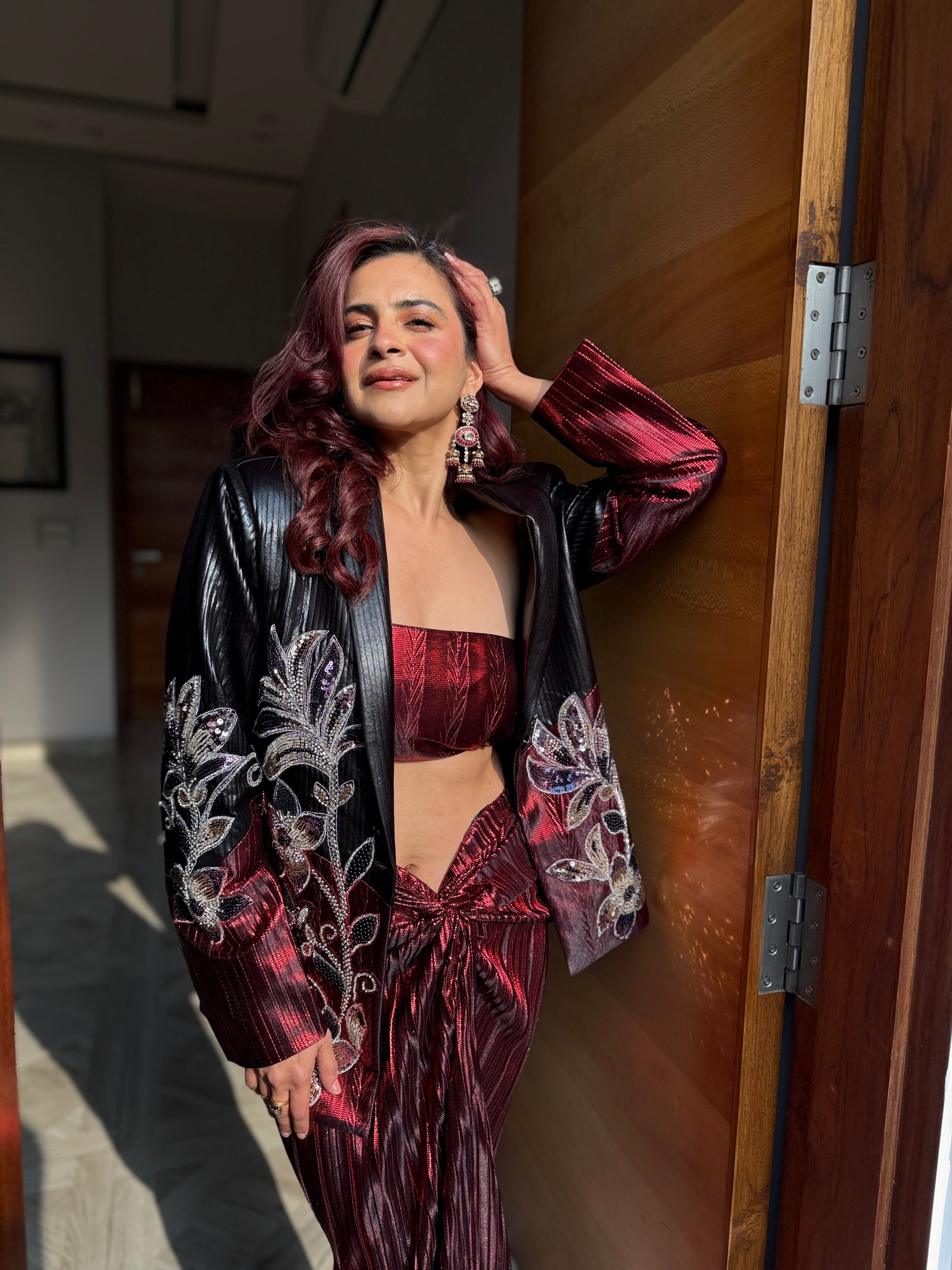red and black foil half and half power blazer with dhoti and tube