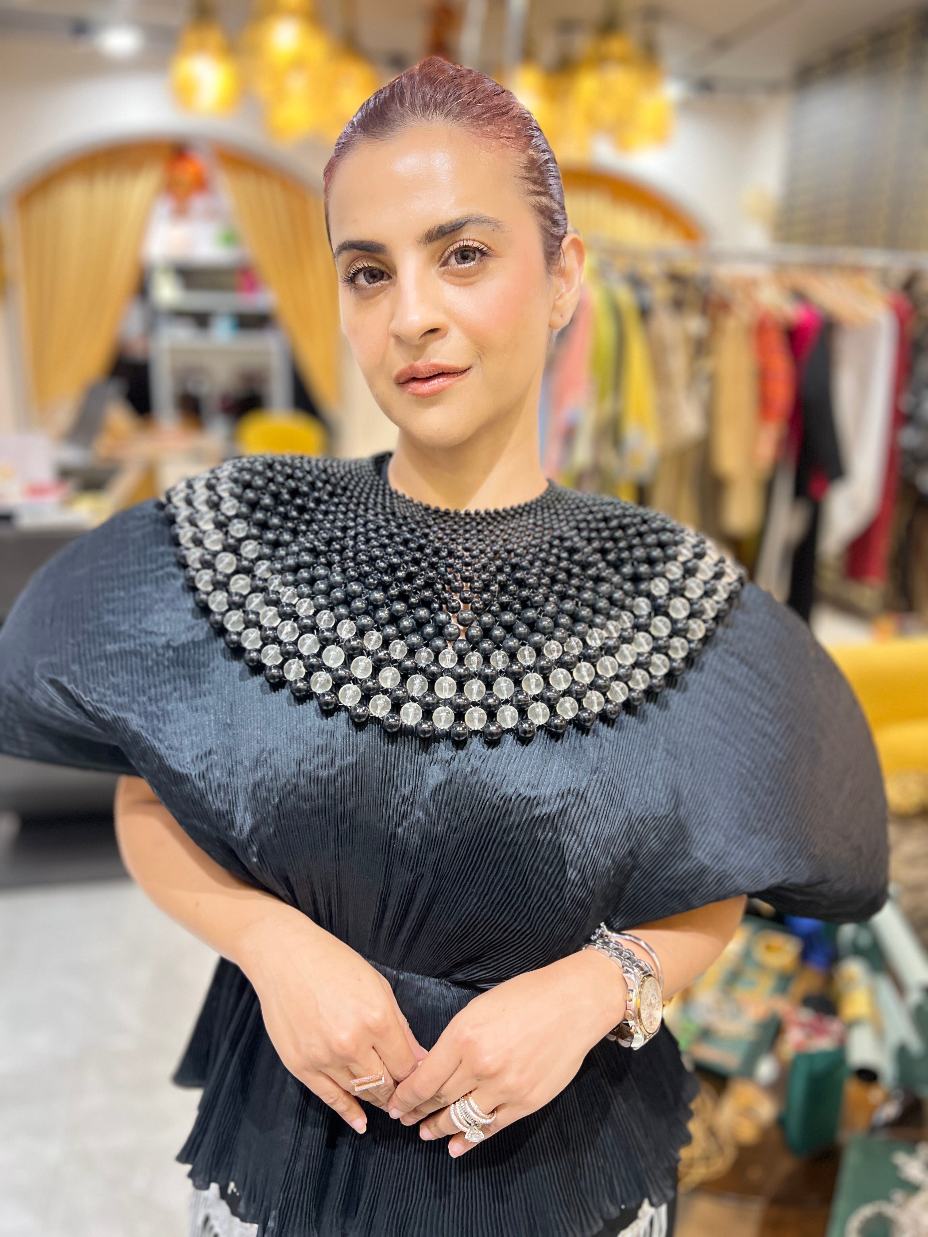 Black moon pants set with silver tassels with beaded cape