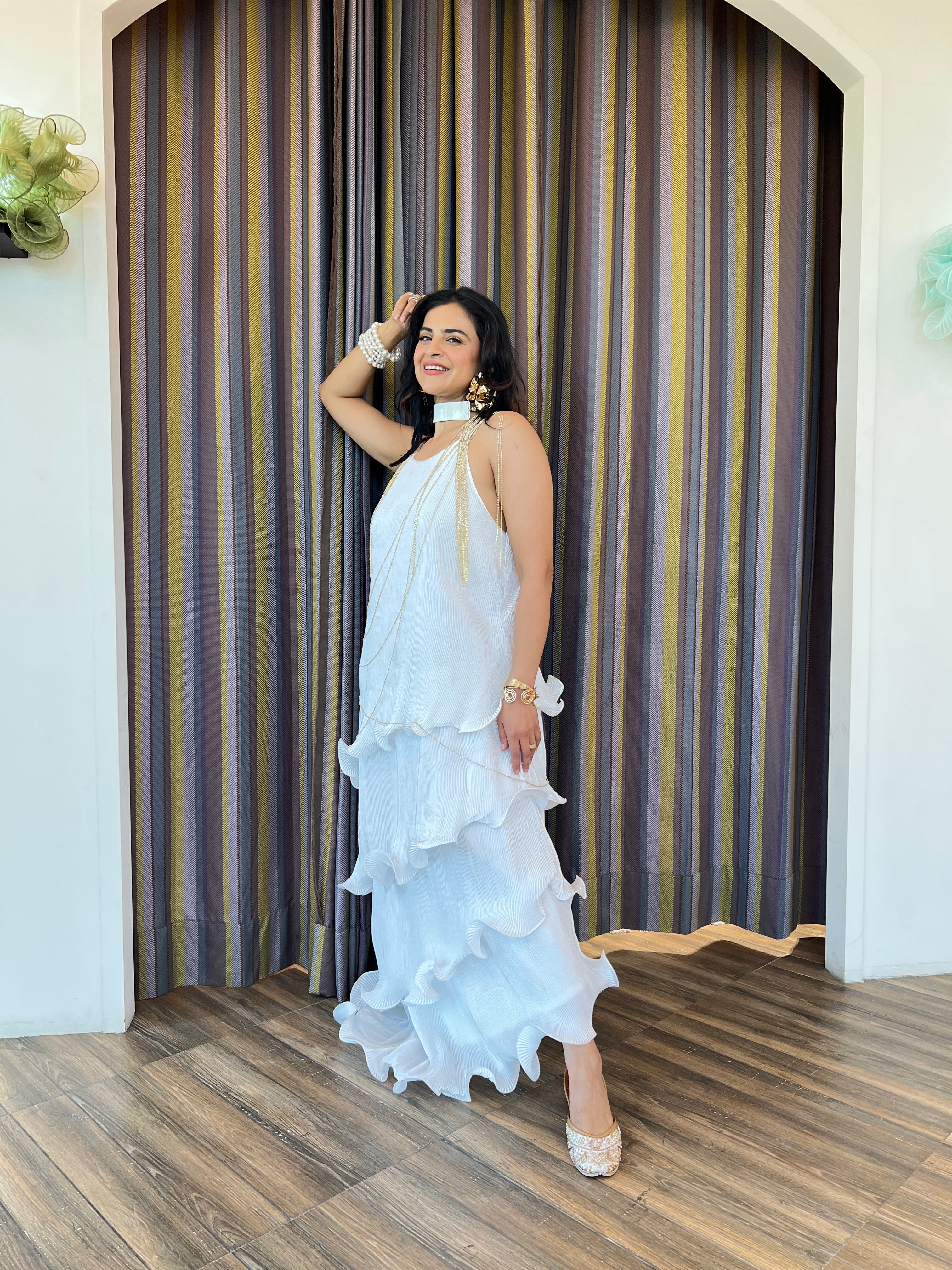 Long ruffle dress in ivory