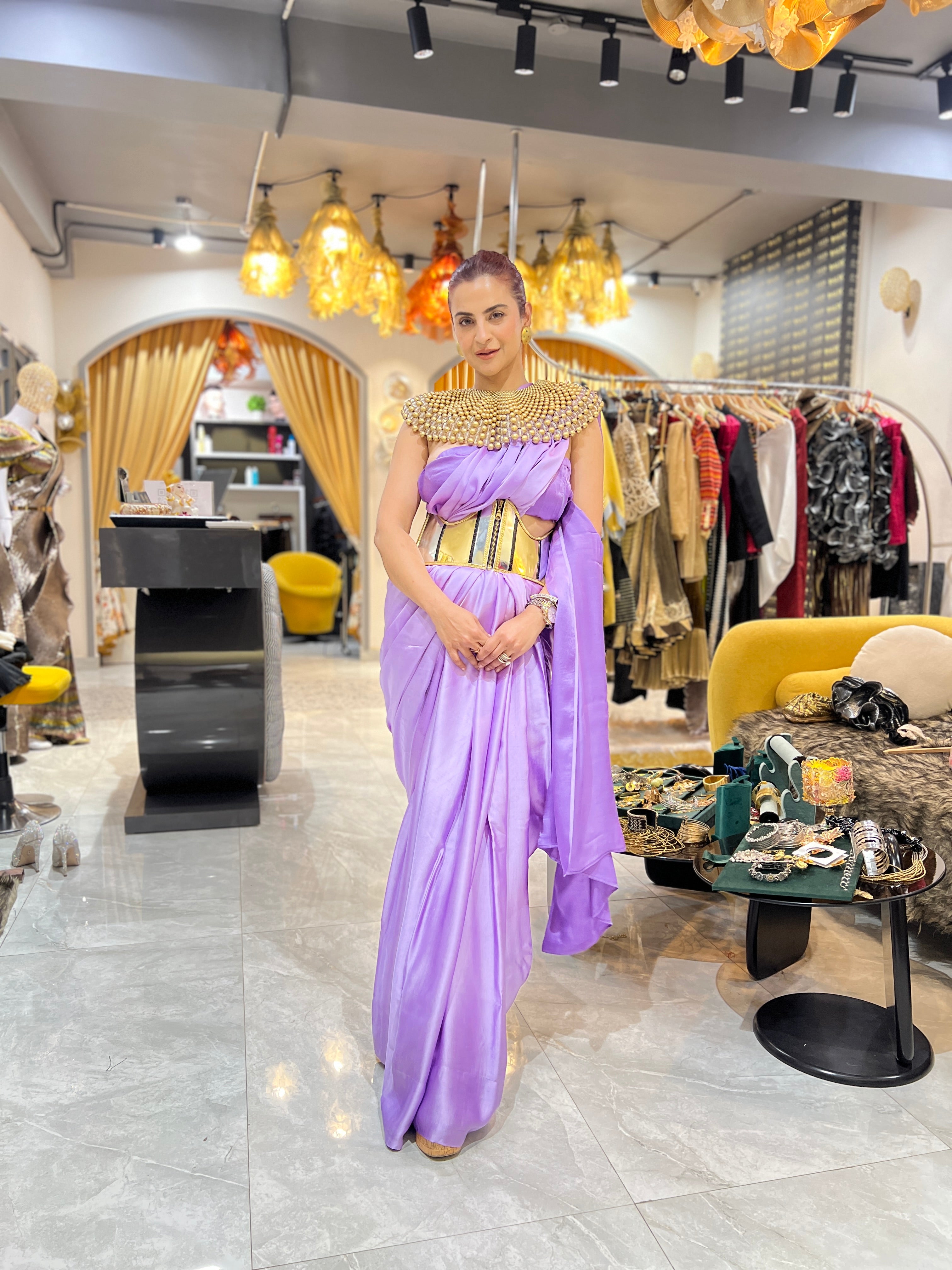 Lilac saree set with corset belt and beaded cape
