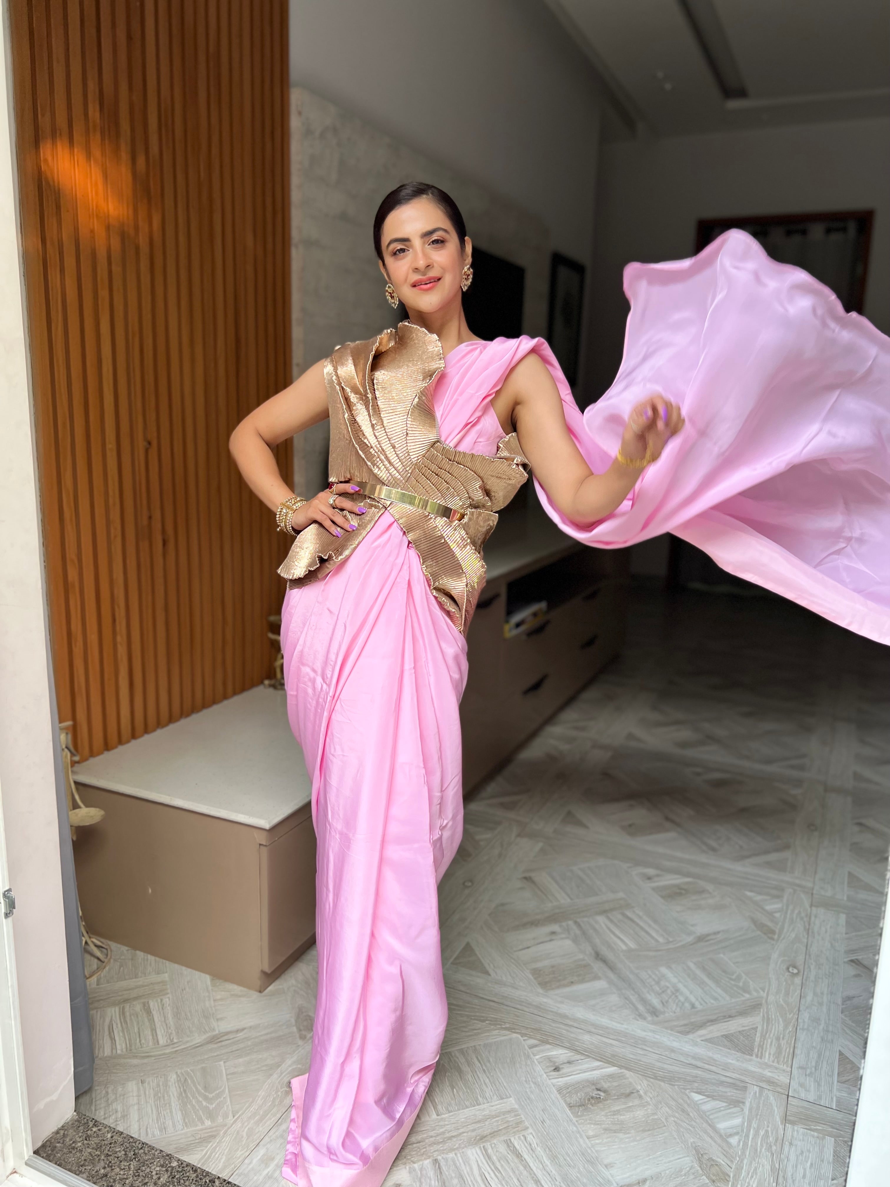 Gold & pink shimmer multi drape saree set