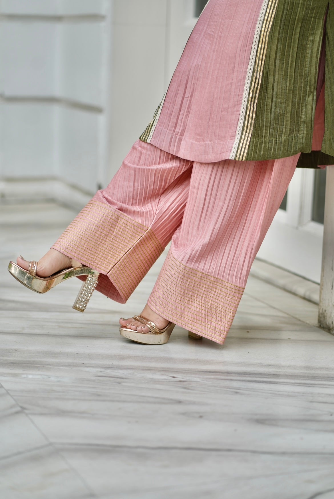 Denim peach olive green farsi salwar set