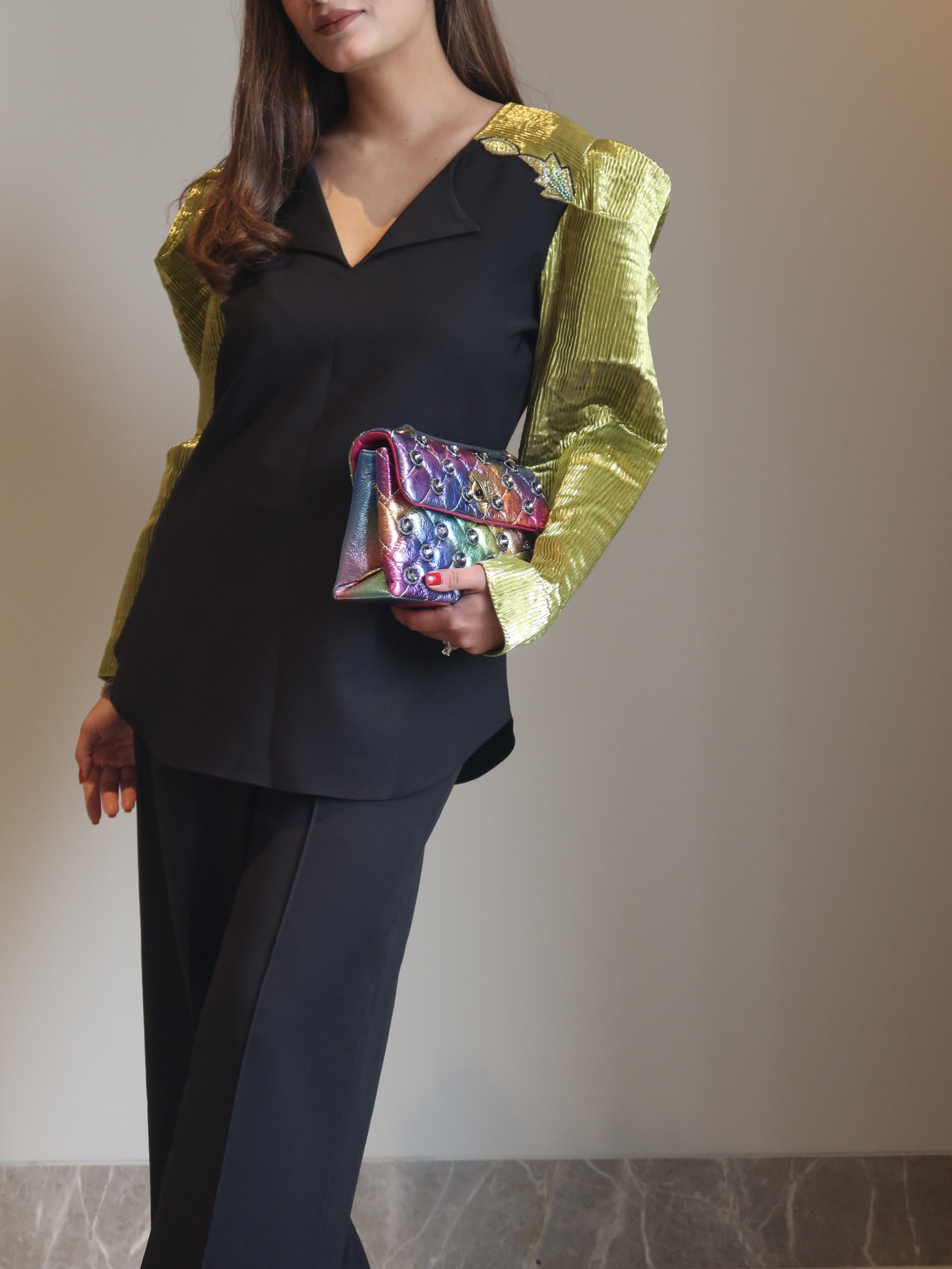 Green Crazy Shoulder Co-ord Set in Green and Black