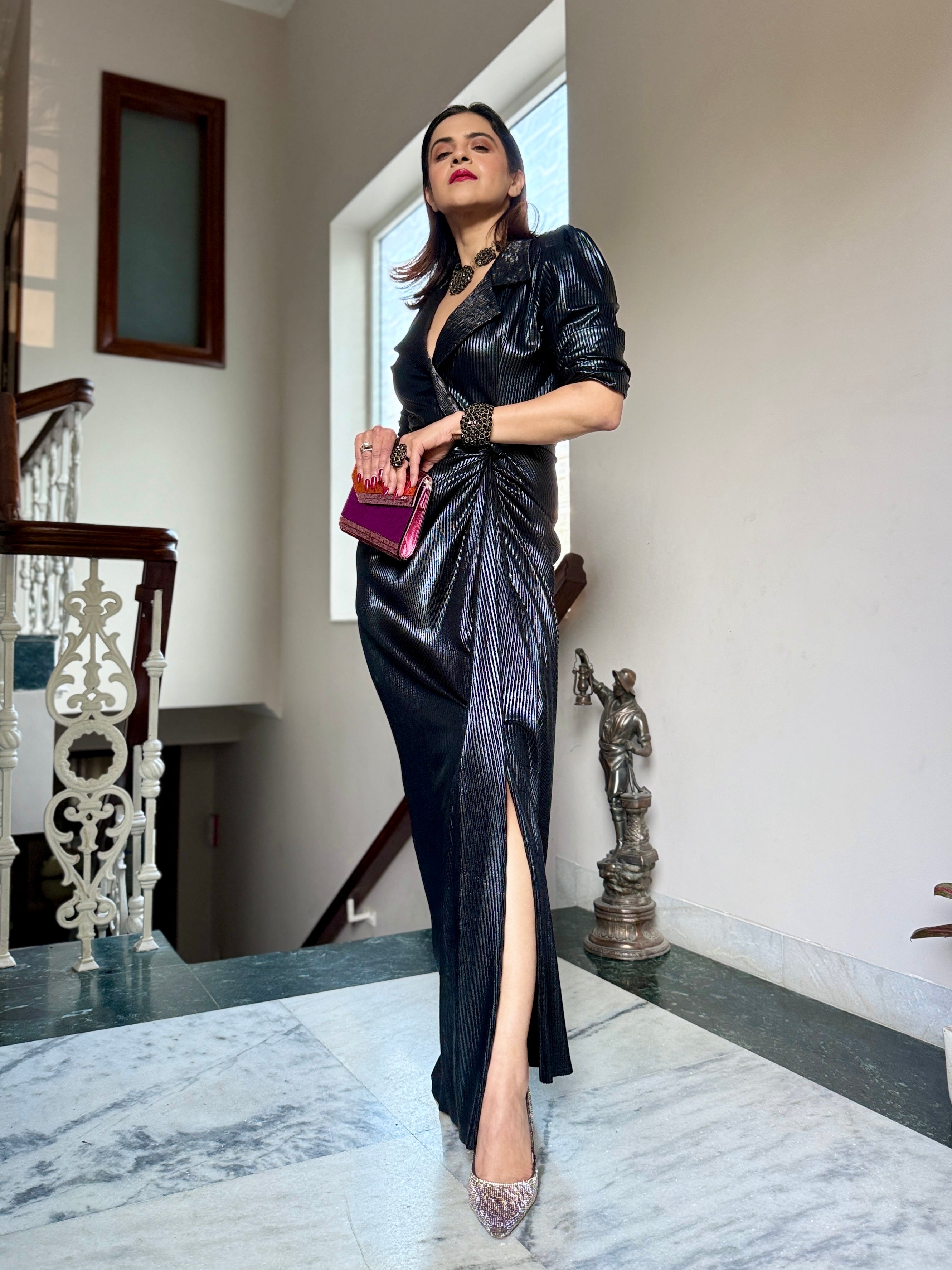 Black leather long drape dress