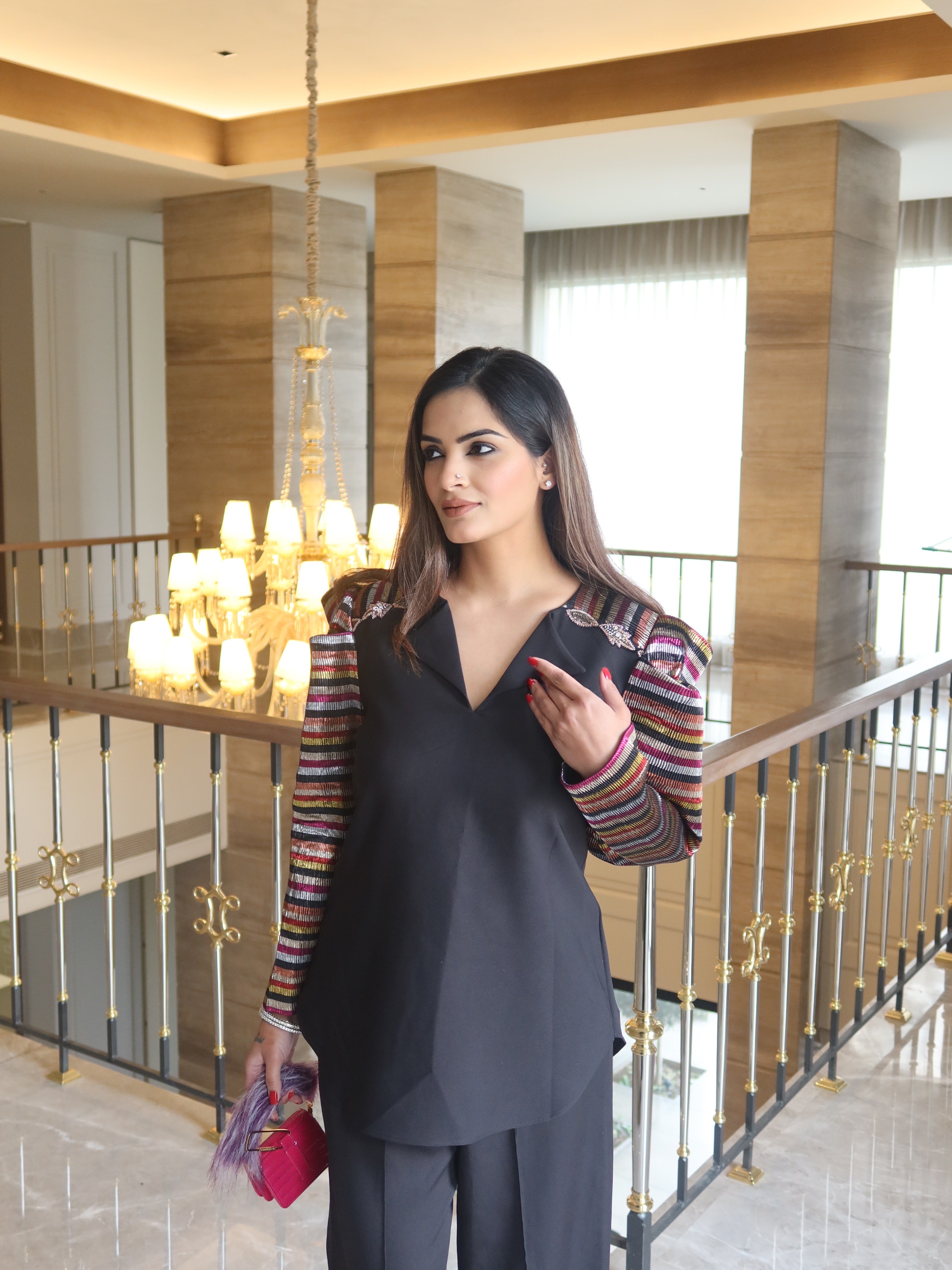 Multicolor Striped Crazy Shoulder Co-ord Set in Multicolor & Black