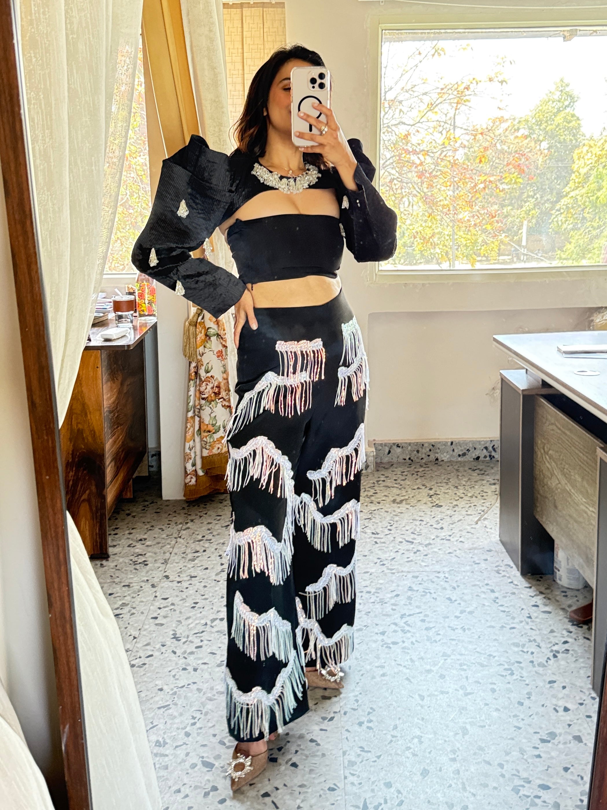 Black embellished shoulder cape