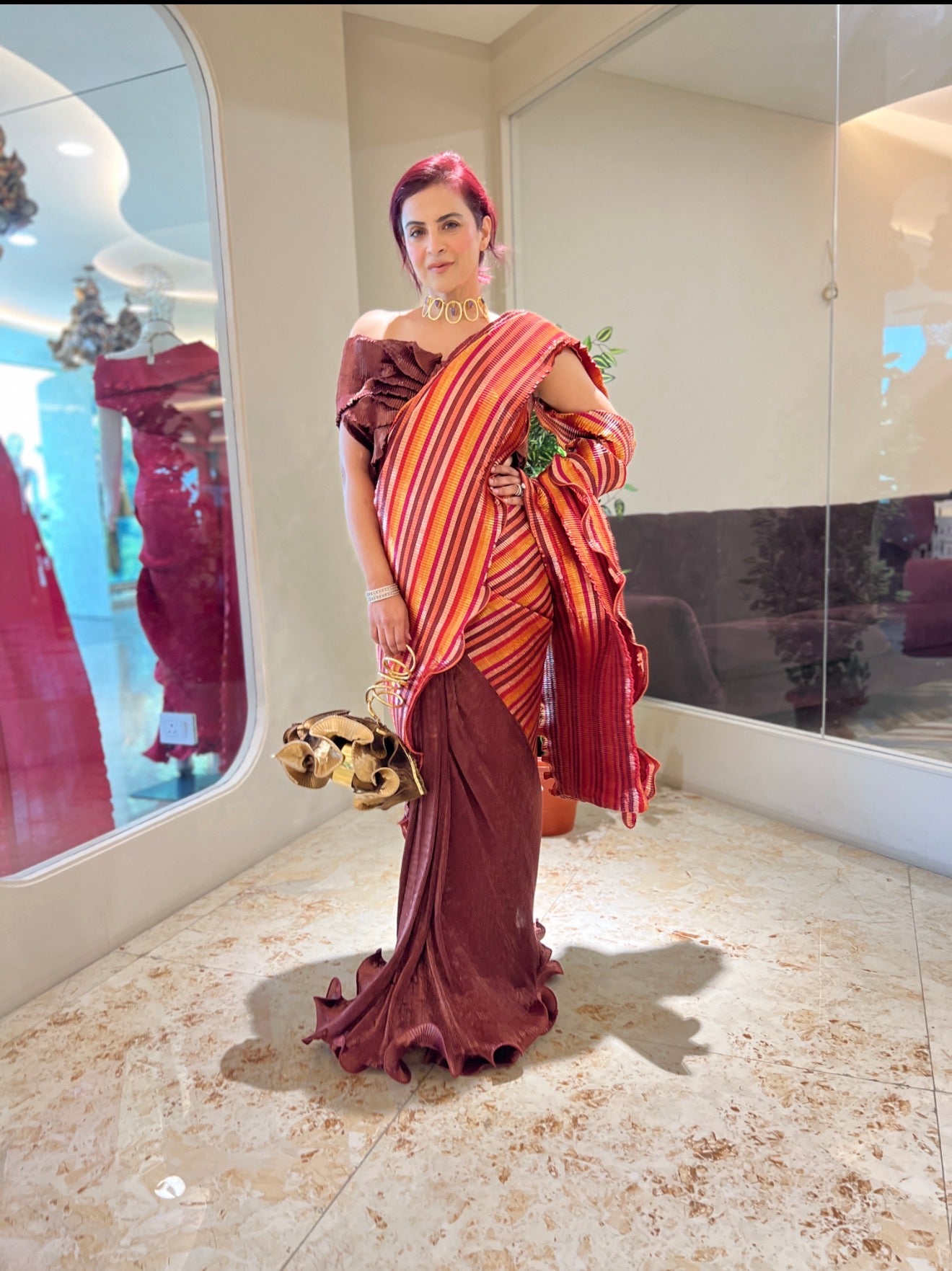 Egyptian Saree in MAROON AND STRIPES COLOR BLACK . Shimmer silk