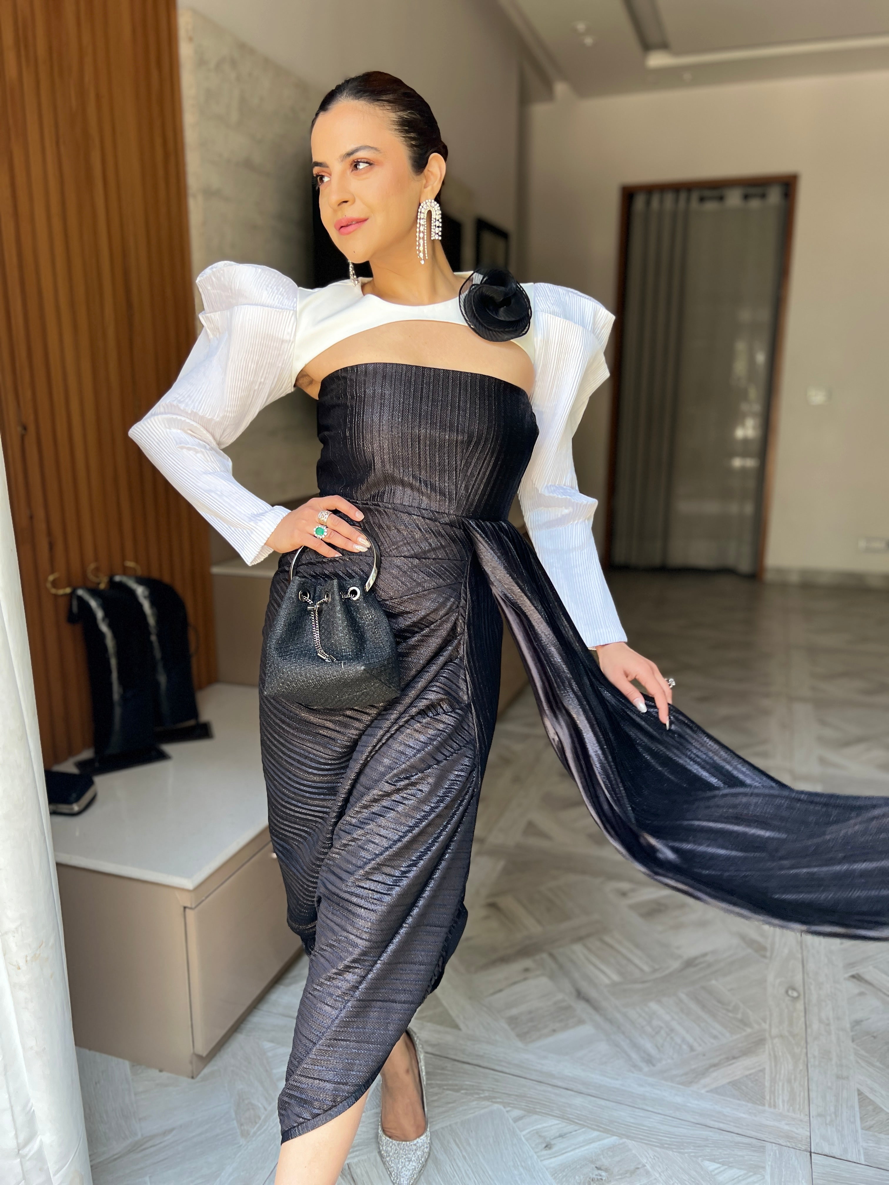 Drape gown with Shoulder Cape in Black & White