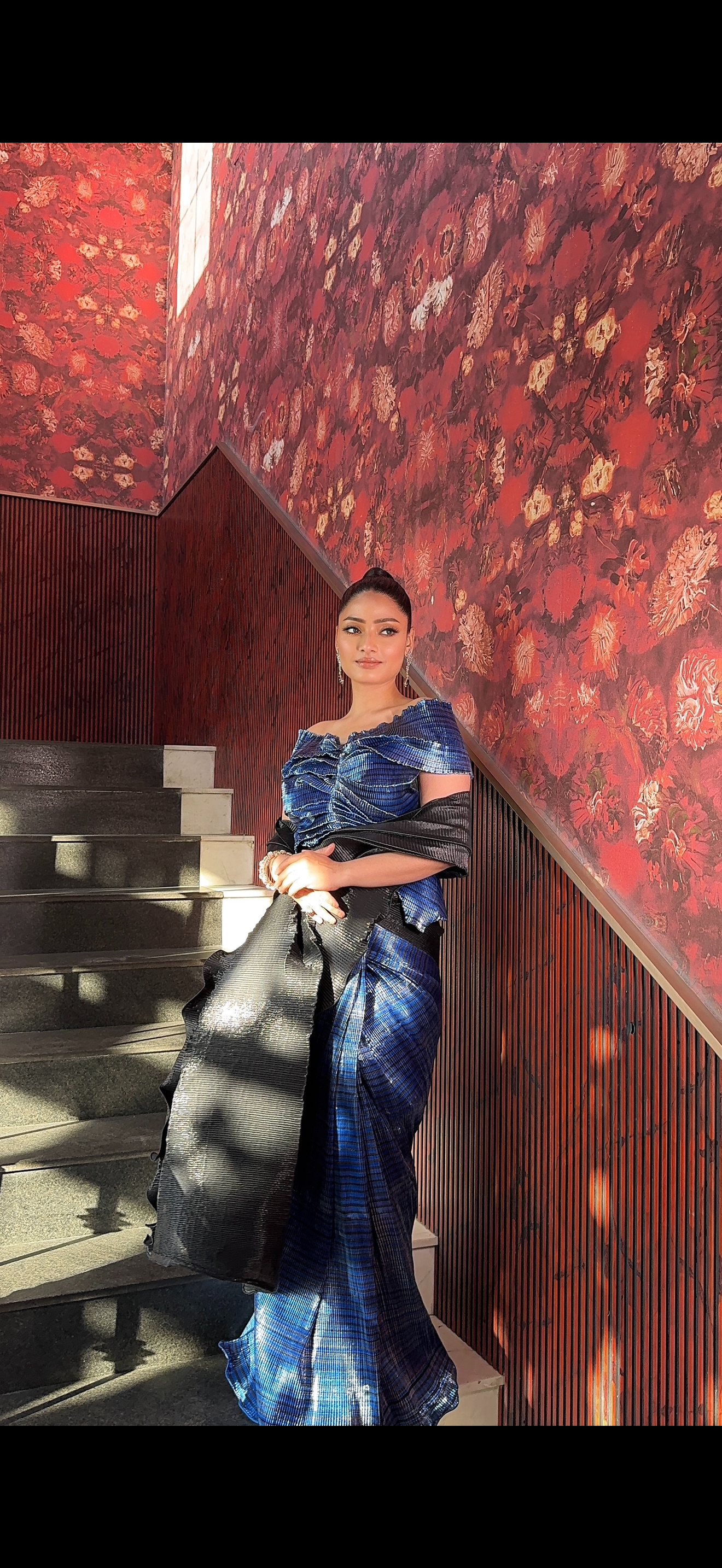 Black & striped color block multi drape saree