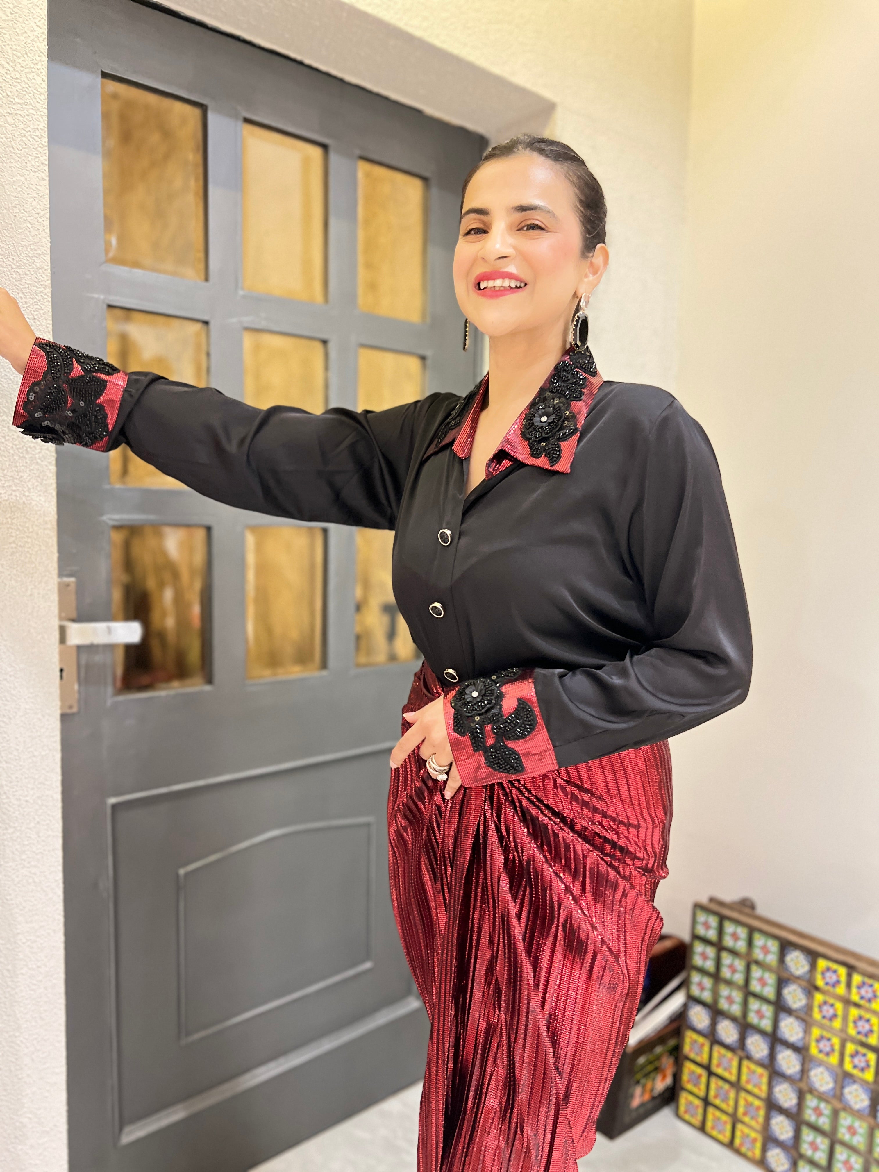 Black satin shirt & red drape skirt set