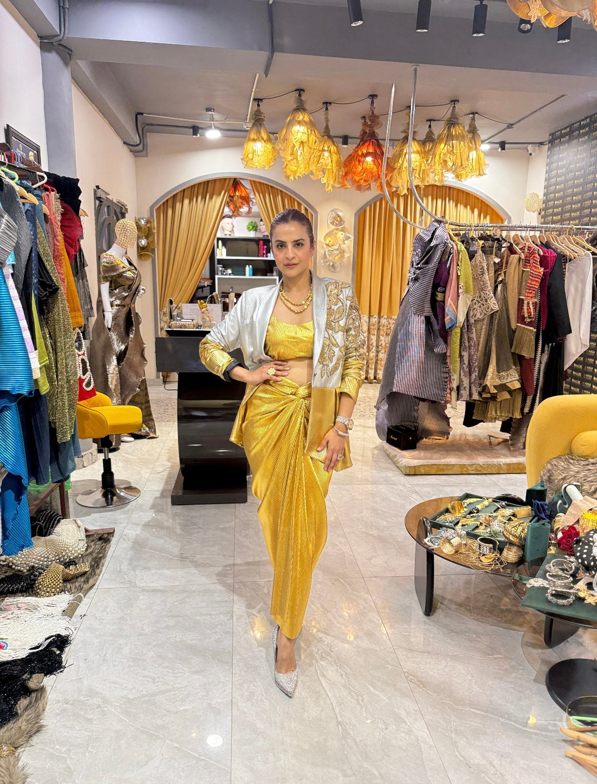 Gold Lust Power Drape Skirt Suit with Neckpiece