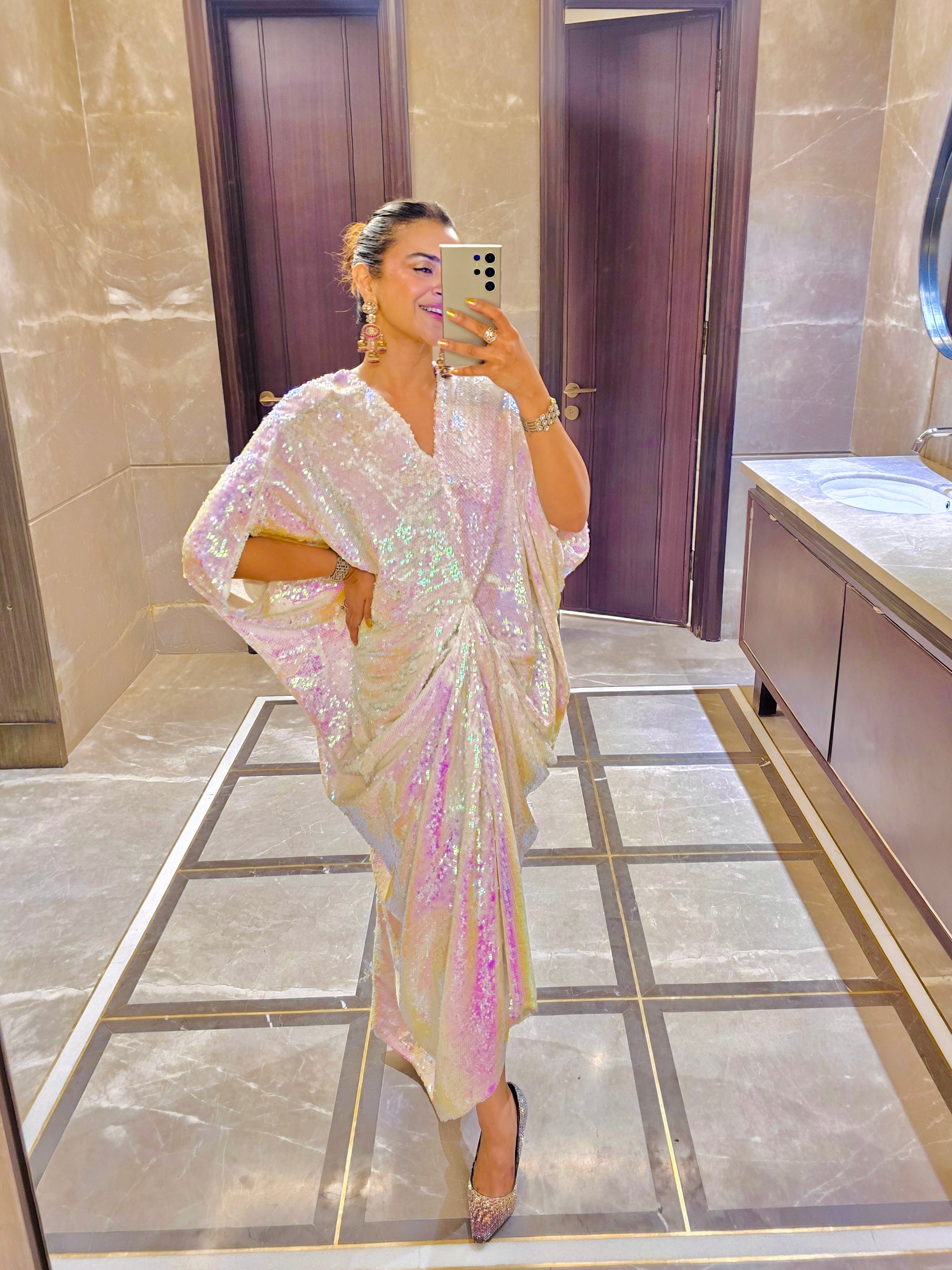 Hologlow V-neck sequin ruched kaftan