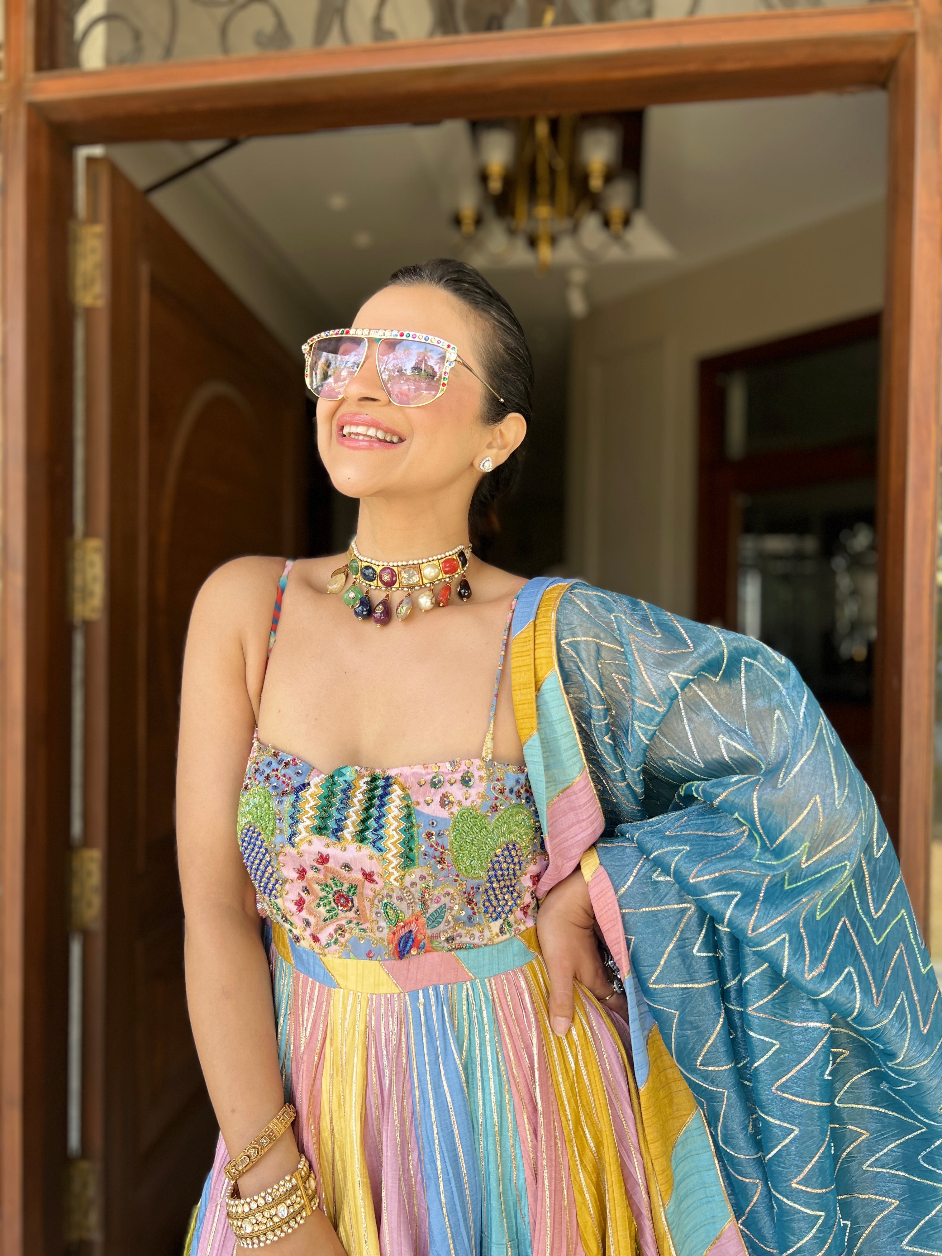 Denim multicolor Anarkali set