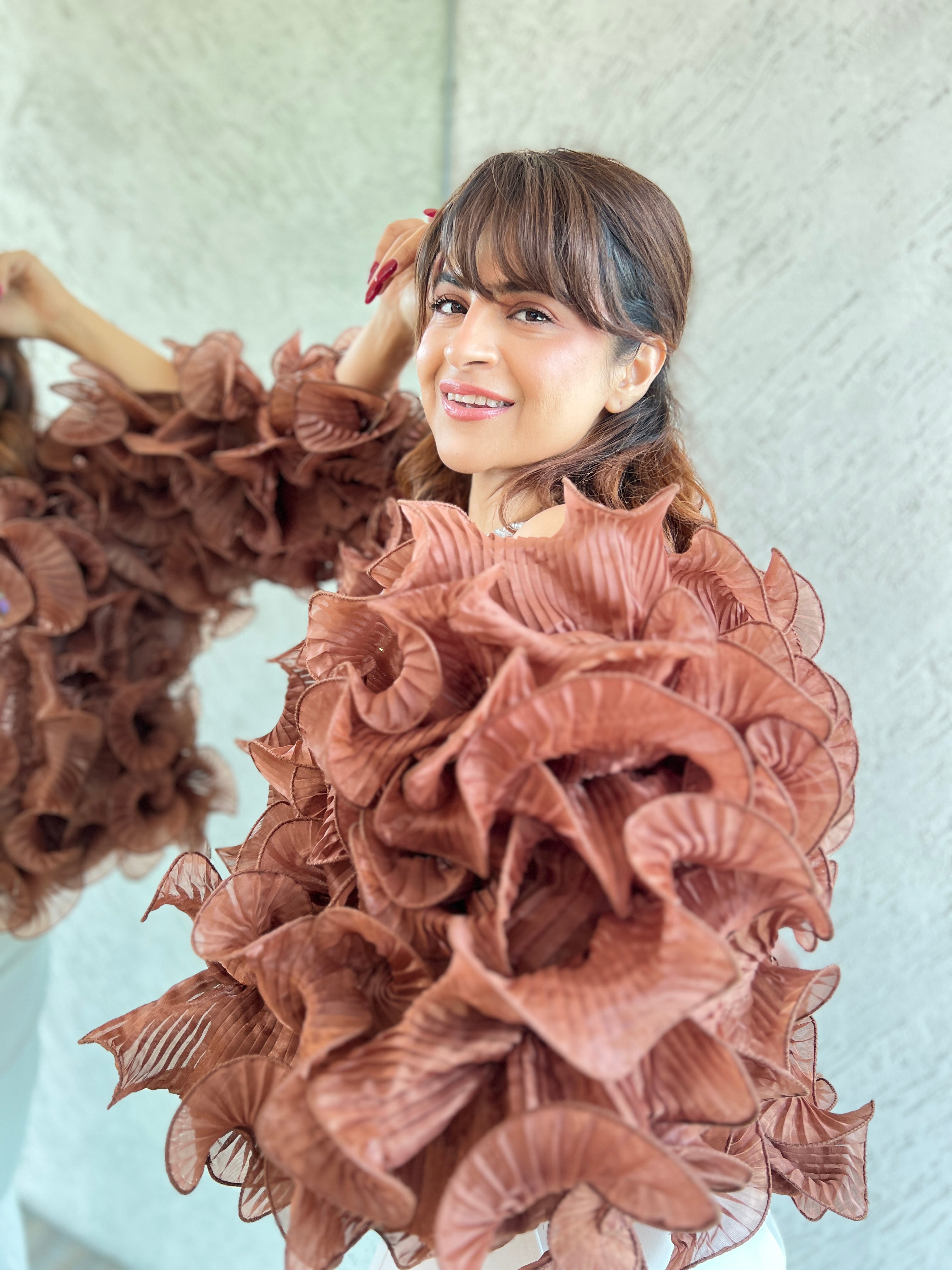 Cinnamon Bloom Ruffle Cape in Chocolate Brown