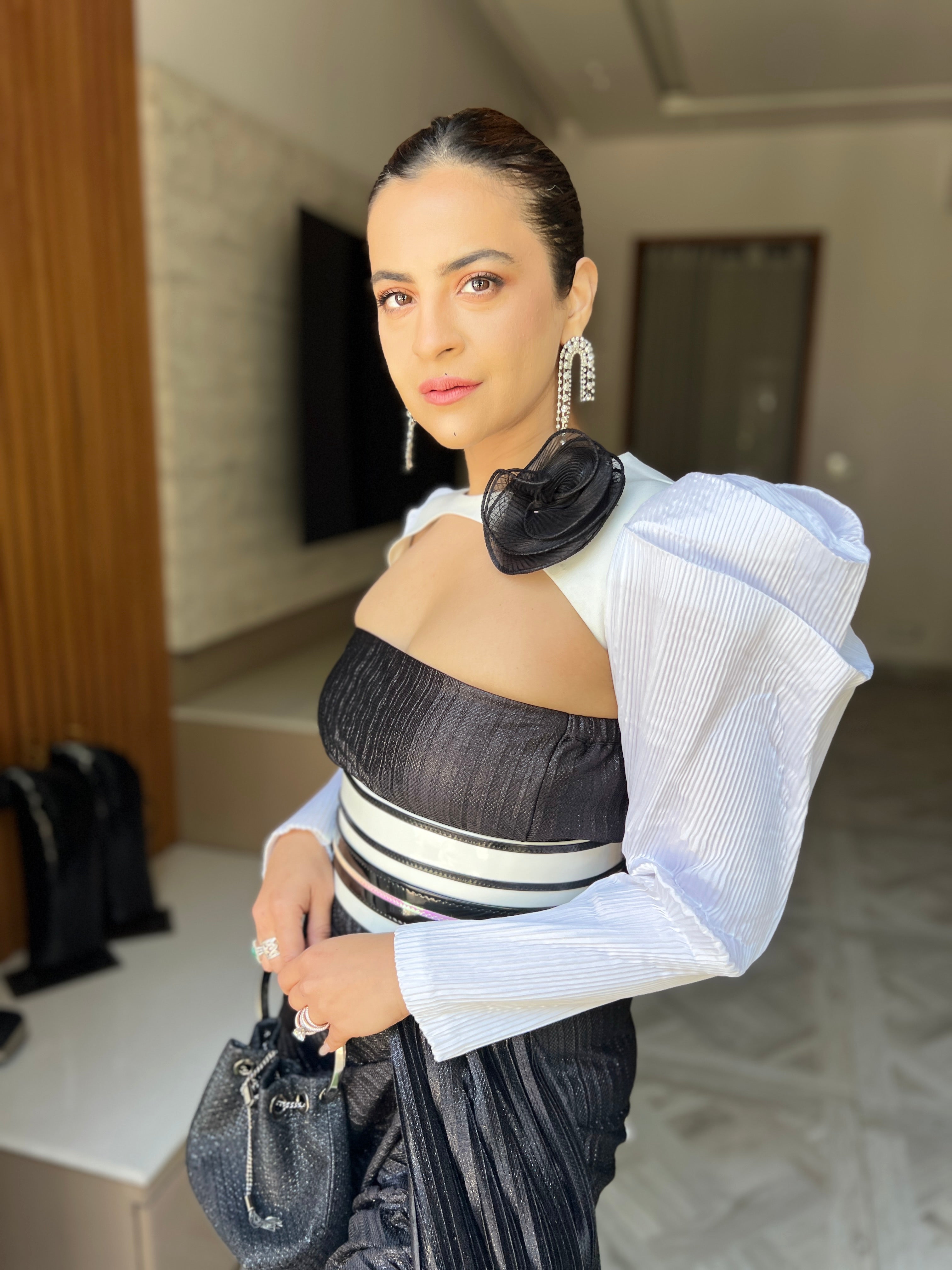 Drape gown with Shoulder Cape in Black & White