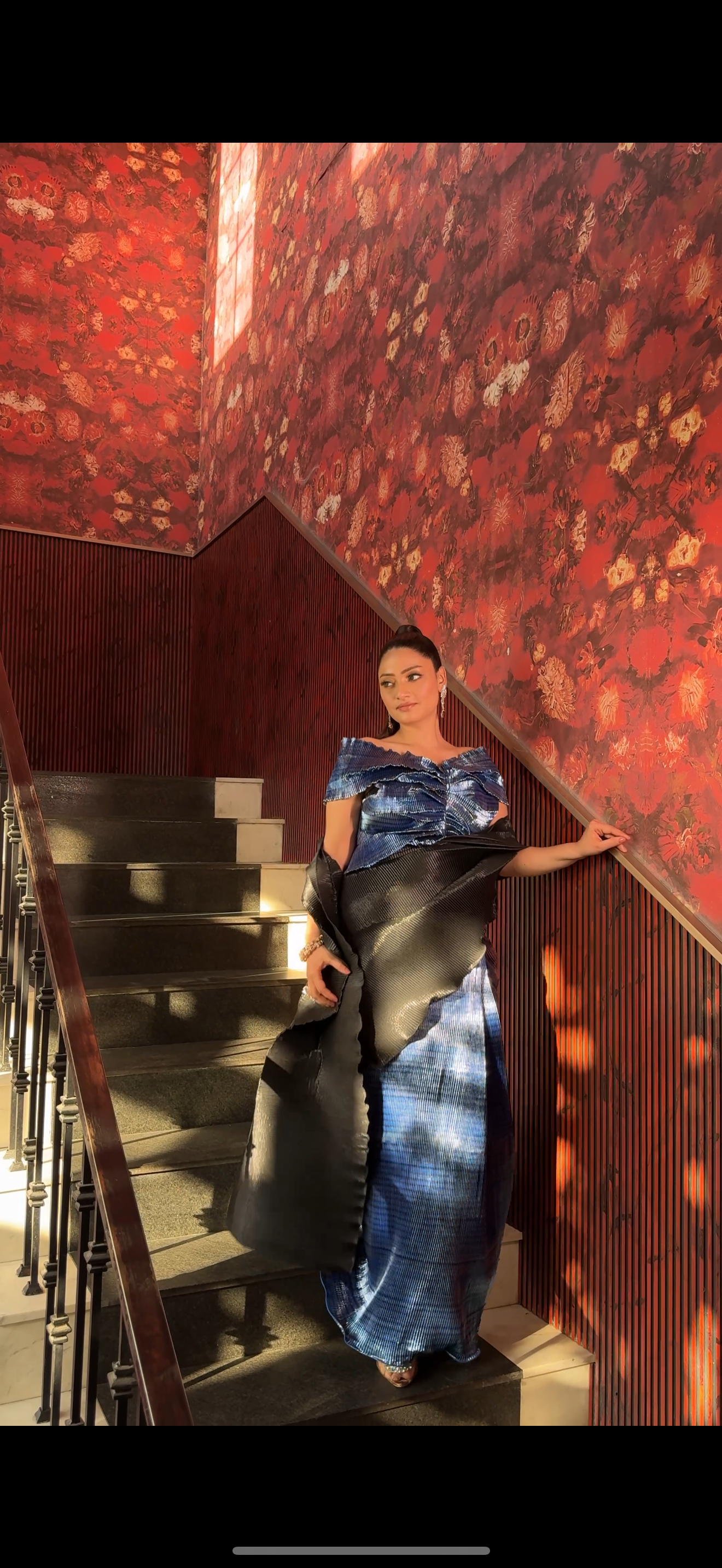 Black & striped color block multi drape saree