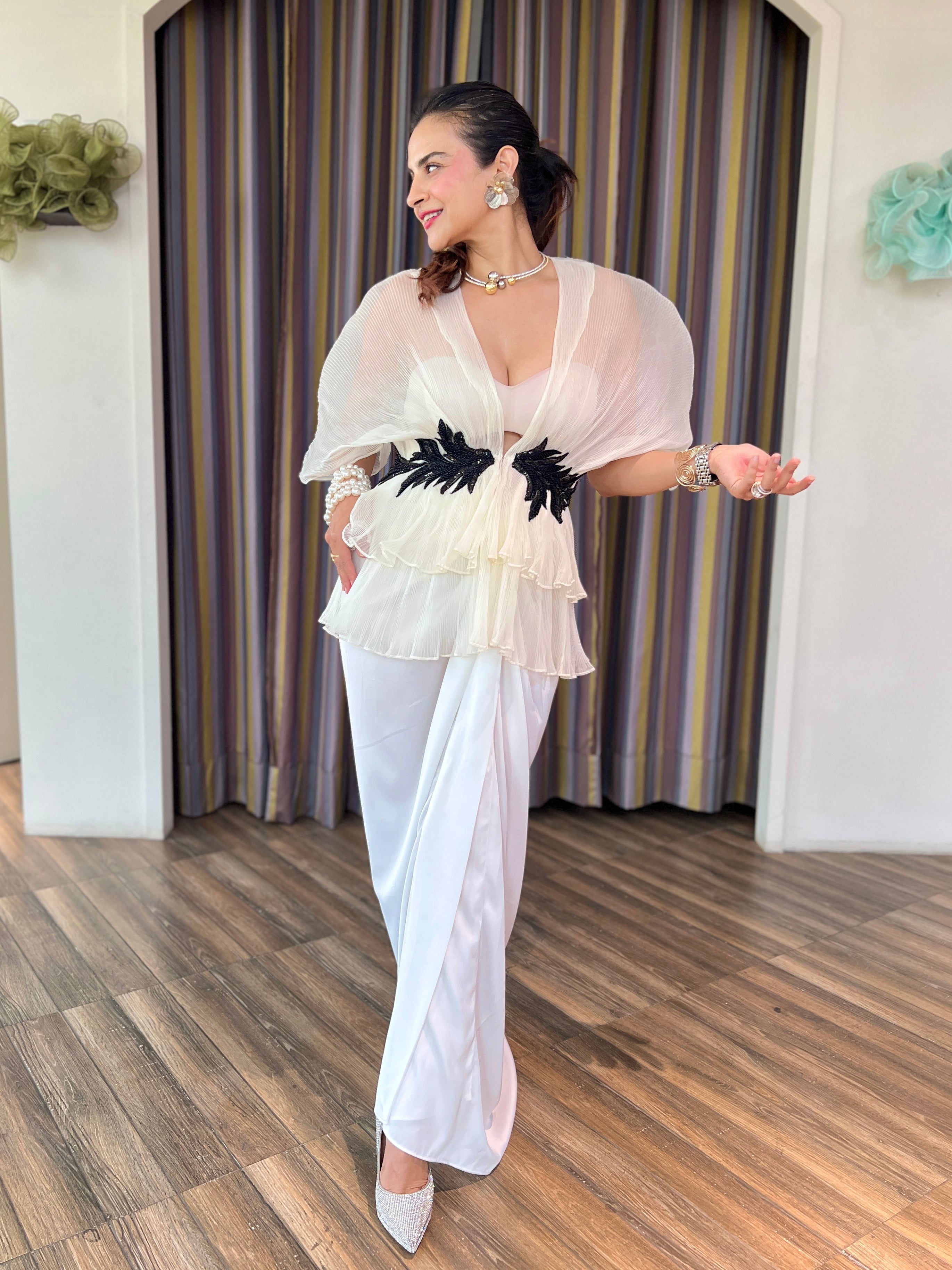 Ivory embroidered layered skirt set