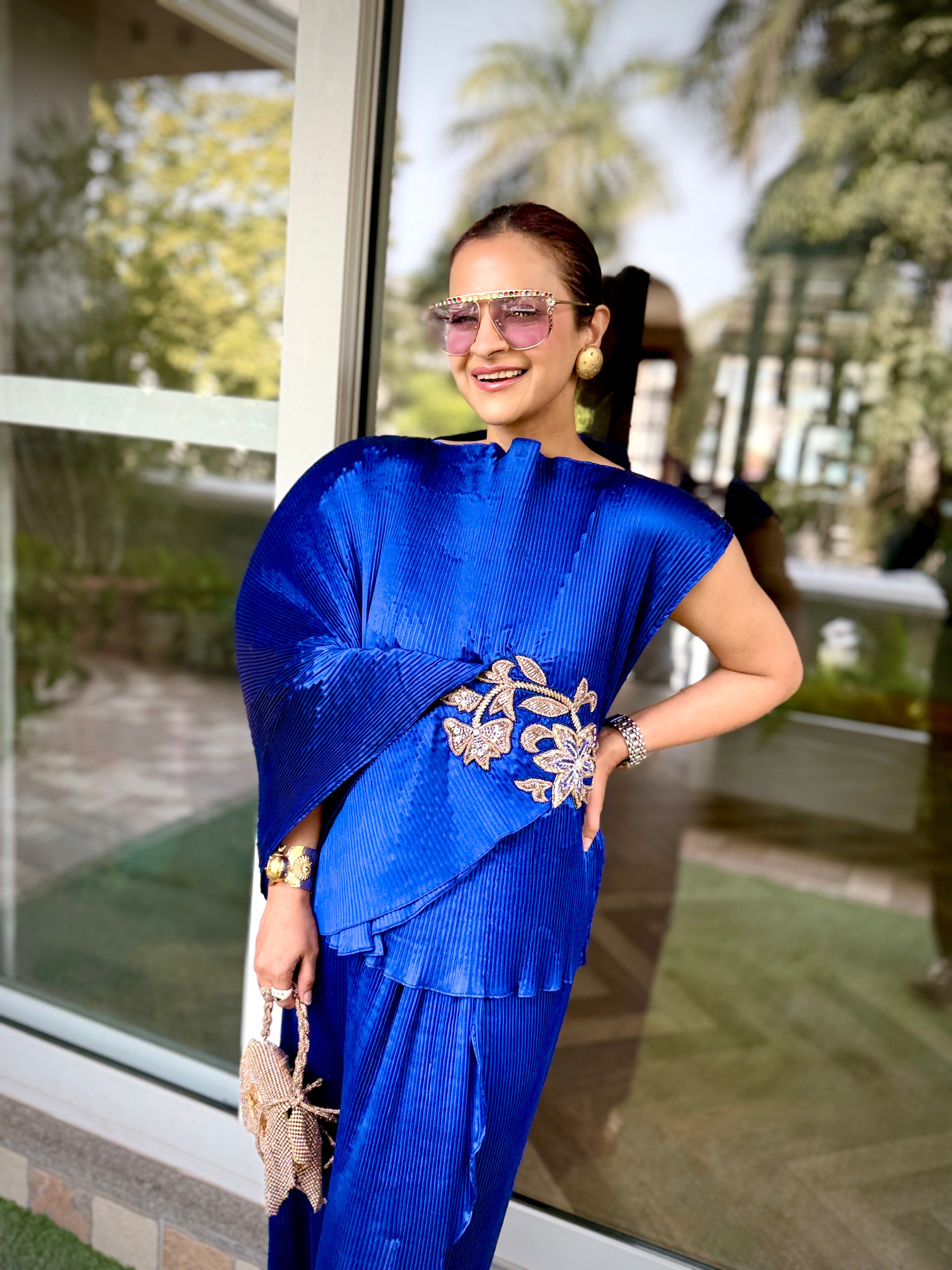 Sapphire Embroidered Lunar Bloom Top in Electric Blue