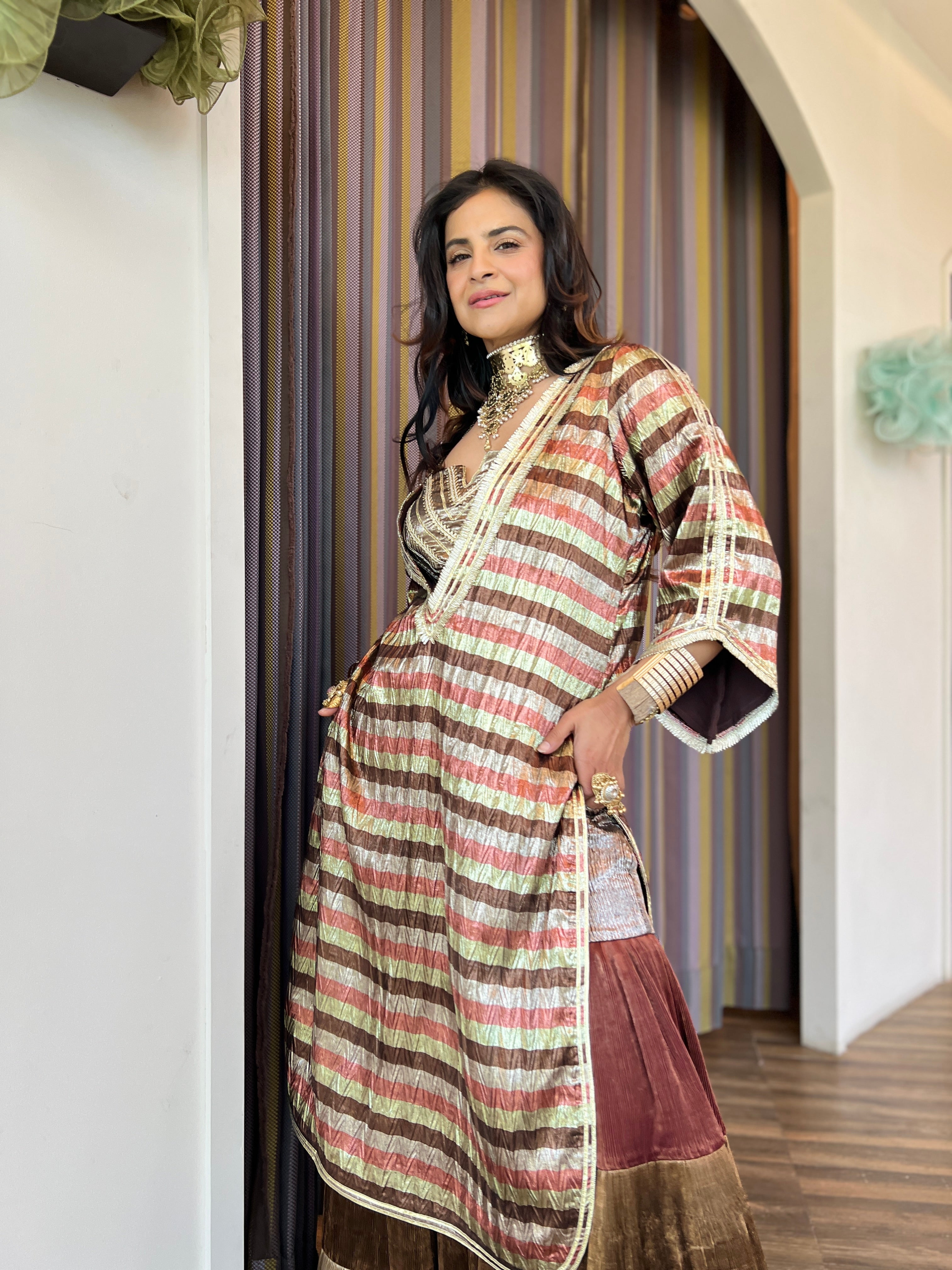 Gharara set in copper stripe