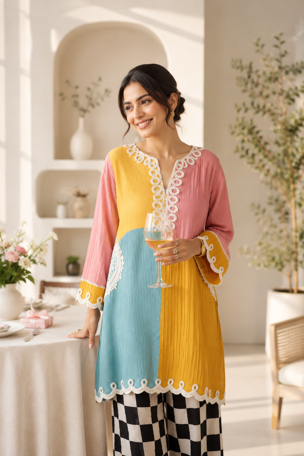 Mishri denim set Embroidered Dori kurta pants set in checkerd