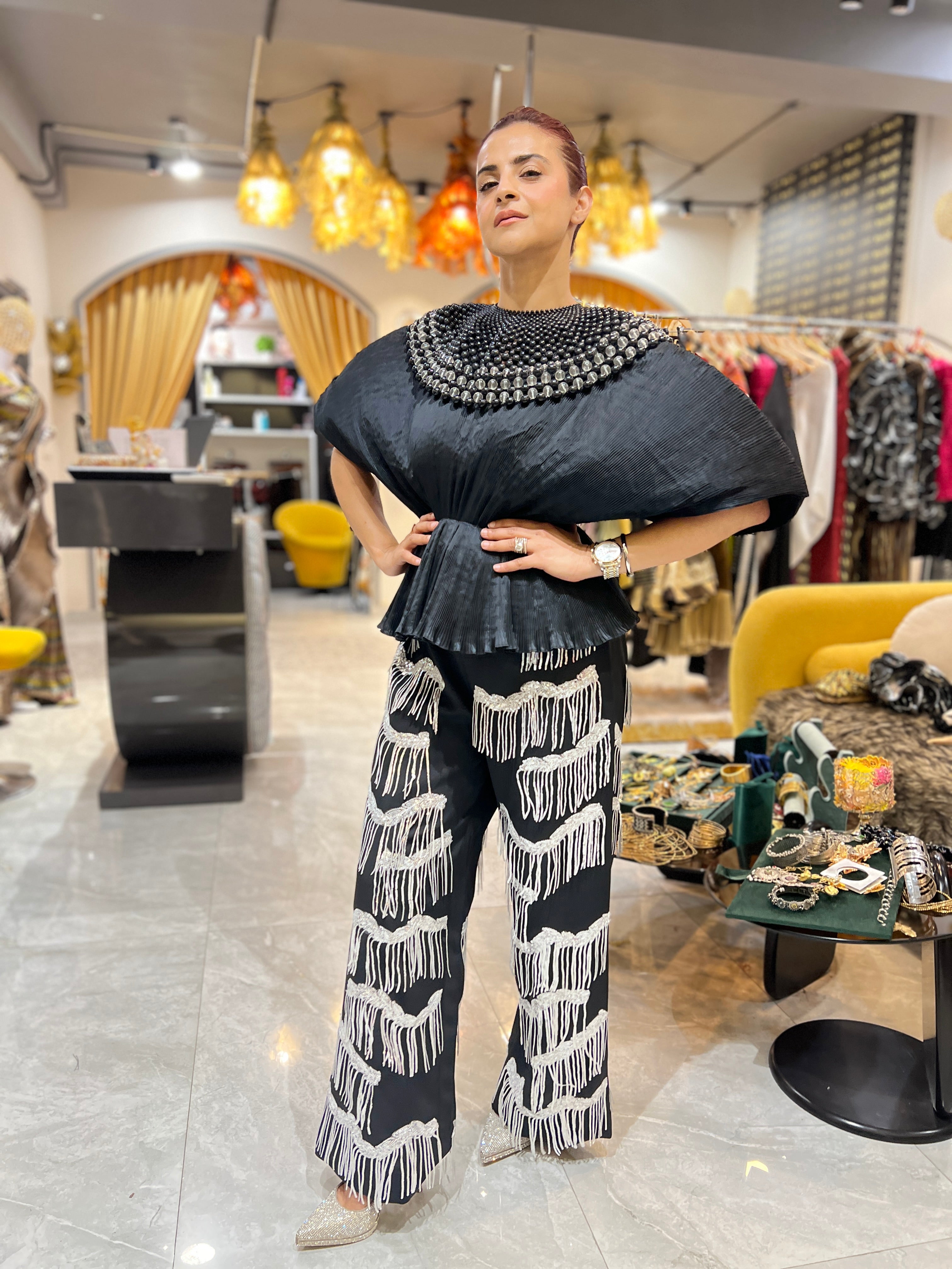 Black moon pants set with silver tassels with beaded cape