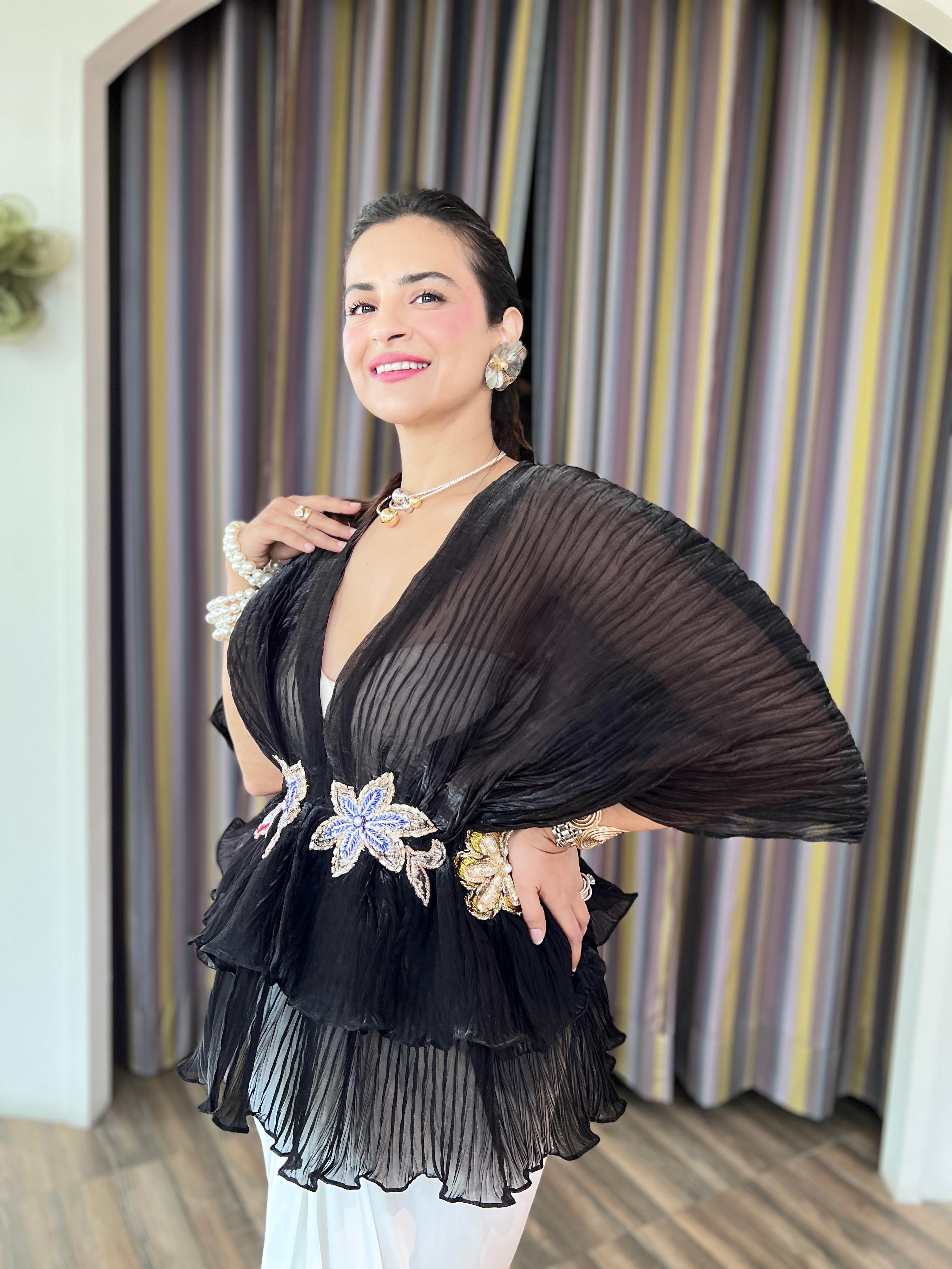 Black embroidered layered skirt set