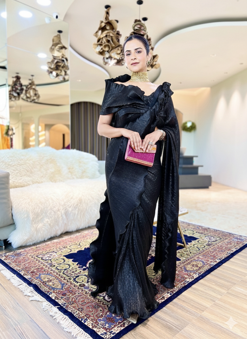 Black lustre shimmer multi drape saree set