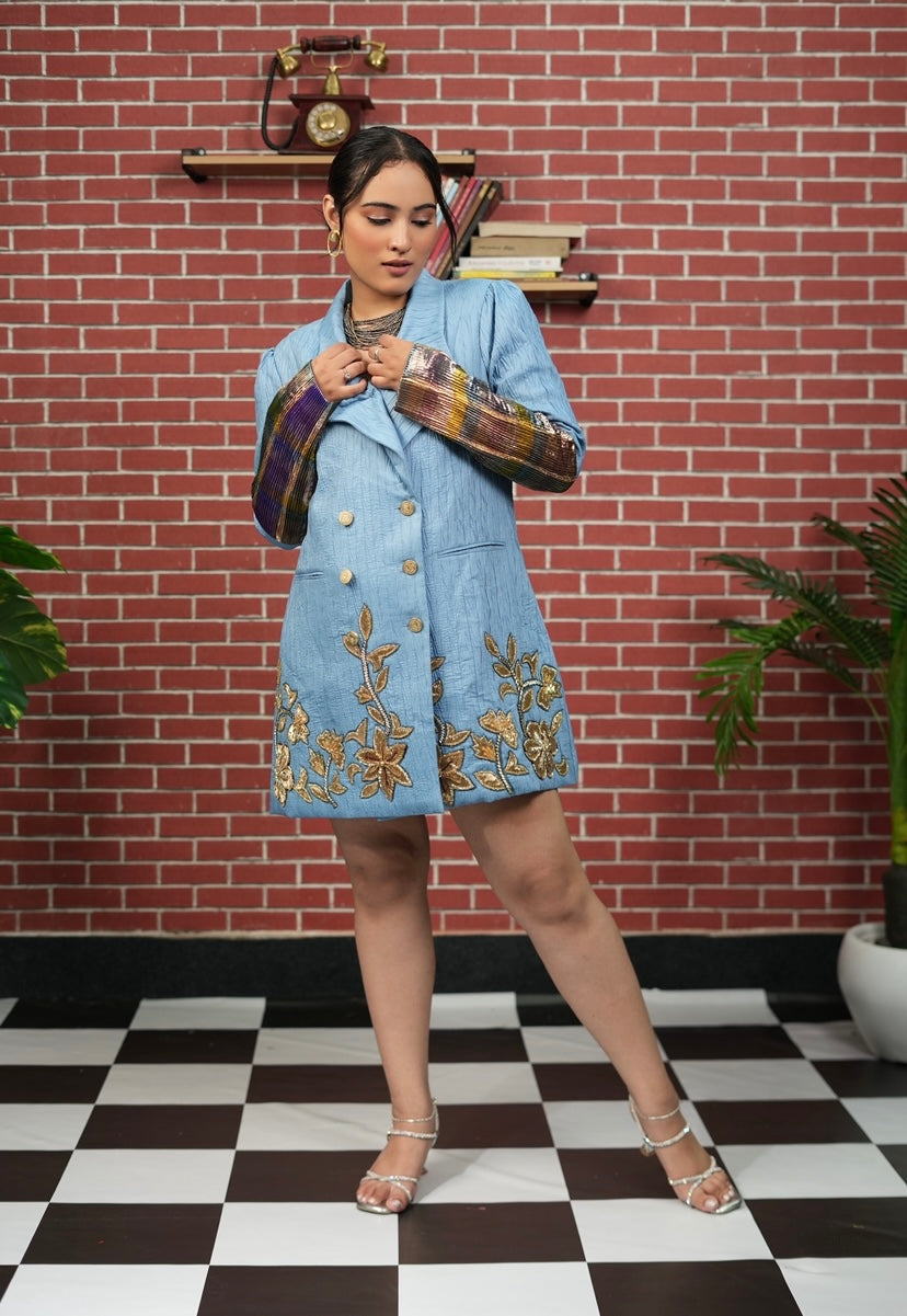 Azure Embroidered Blazer Dress in Blue