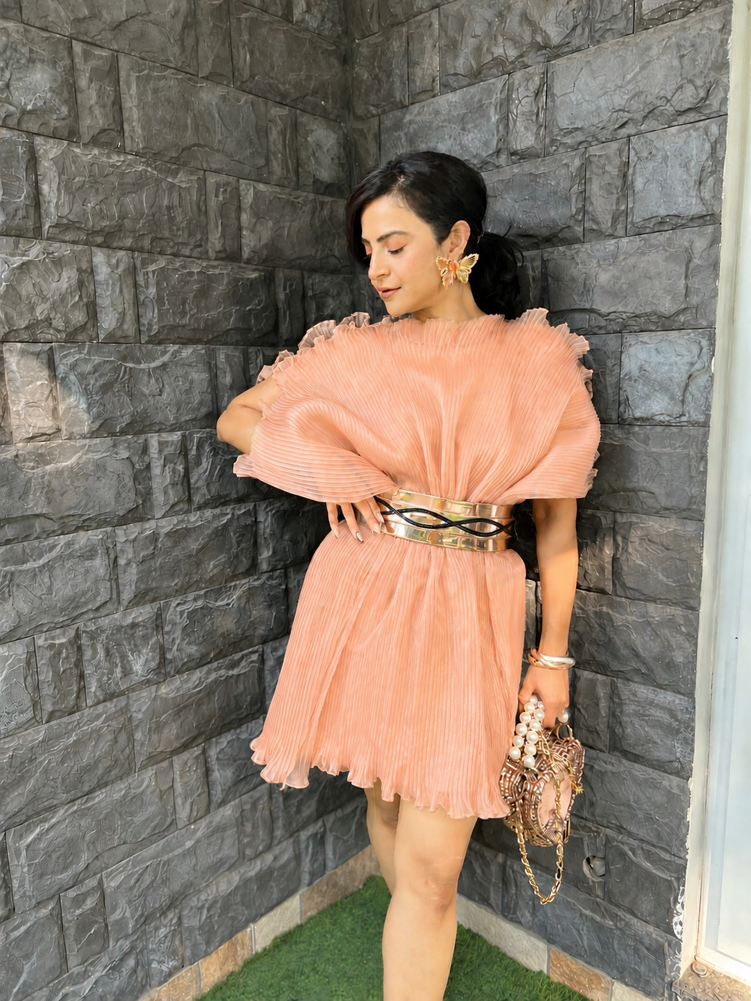 Peach gauze dress with inner and belt