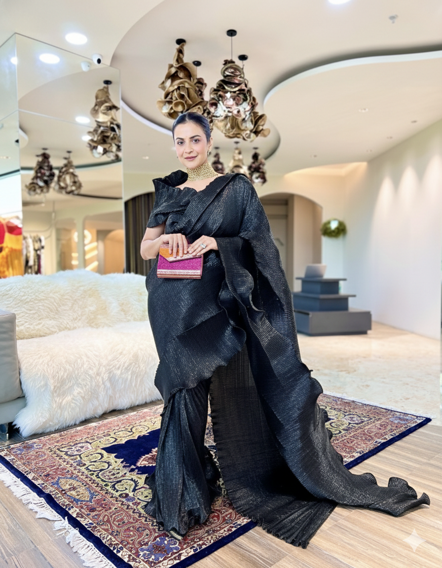 Black lustre shimmer multi drape saree set
