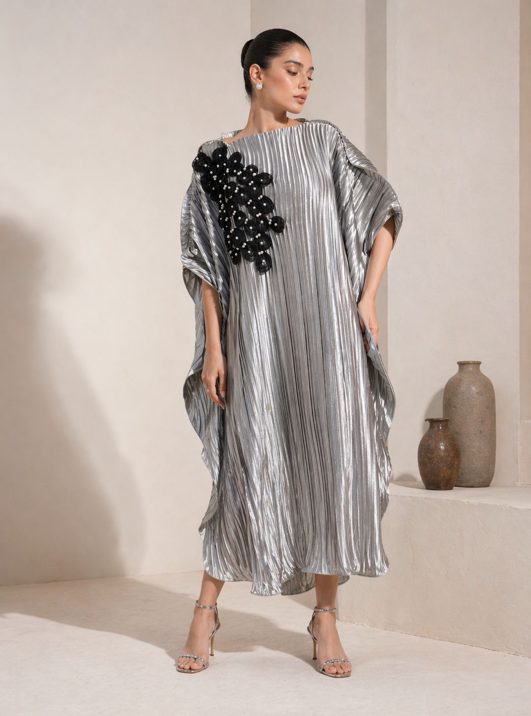 Grey Kaftan with Black Petal Embellishments