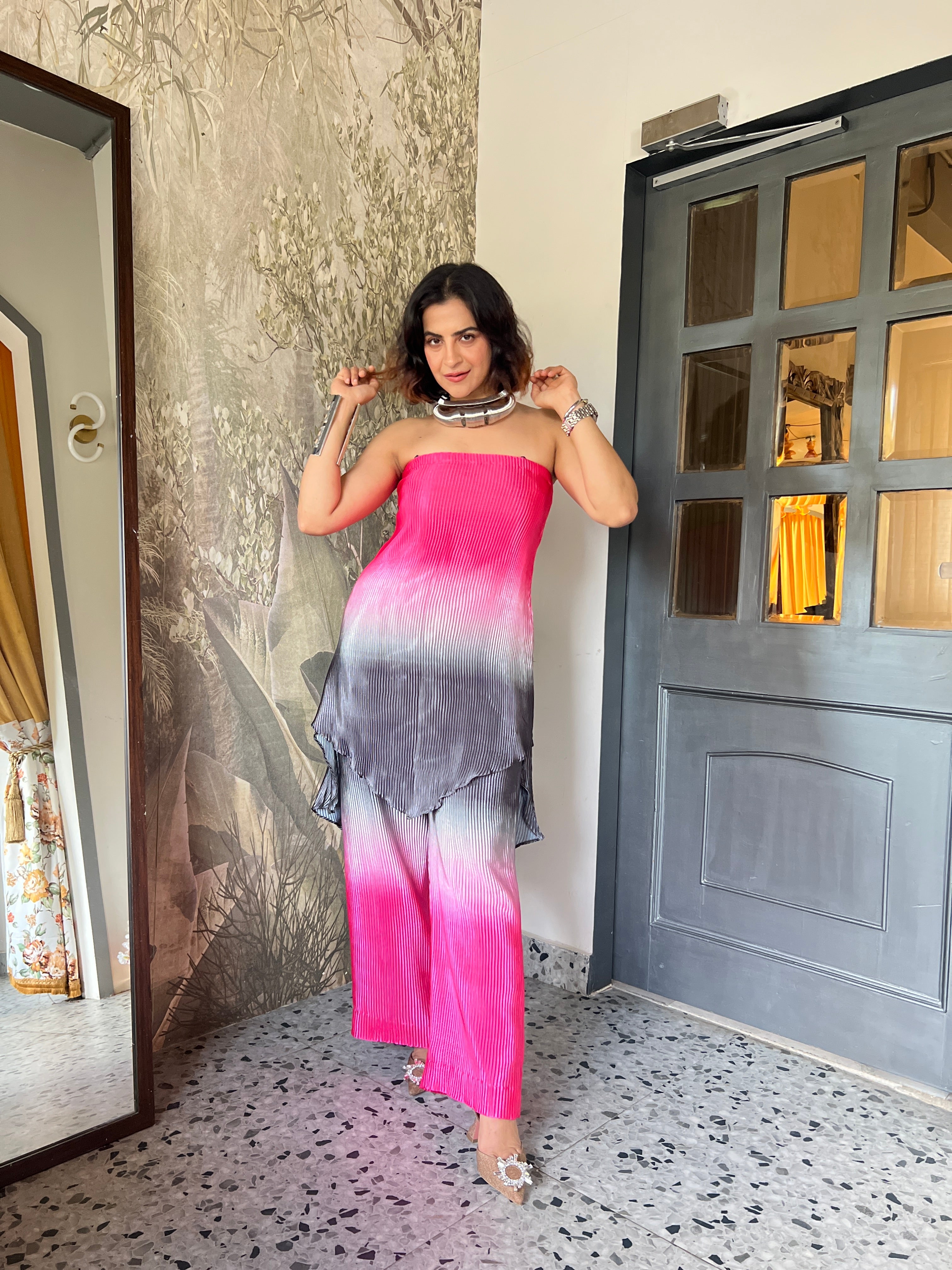 Pink black ombré layered pants set