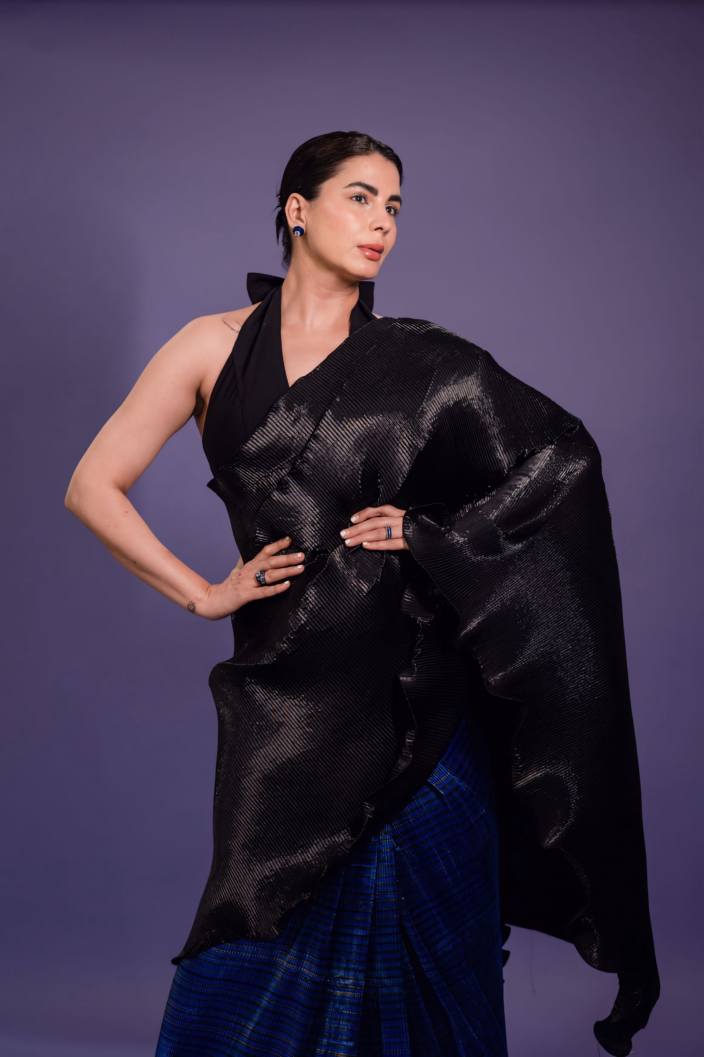 Black & striped color block multi drape saree