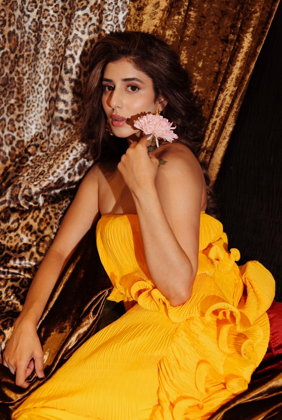 Long tube ruffle Dresses in Saffron Gold