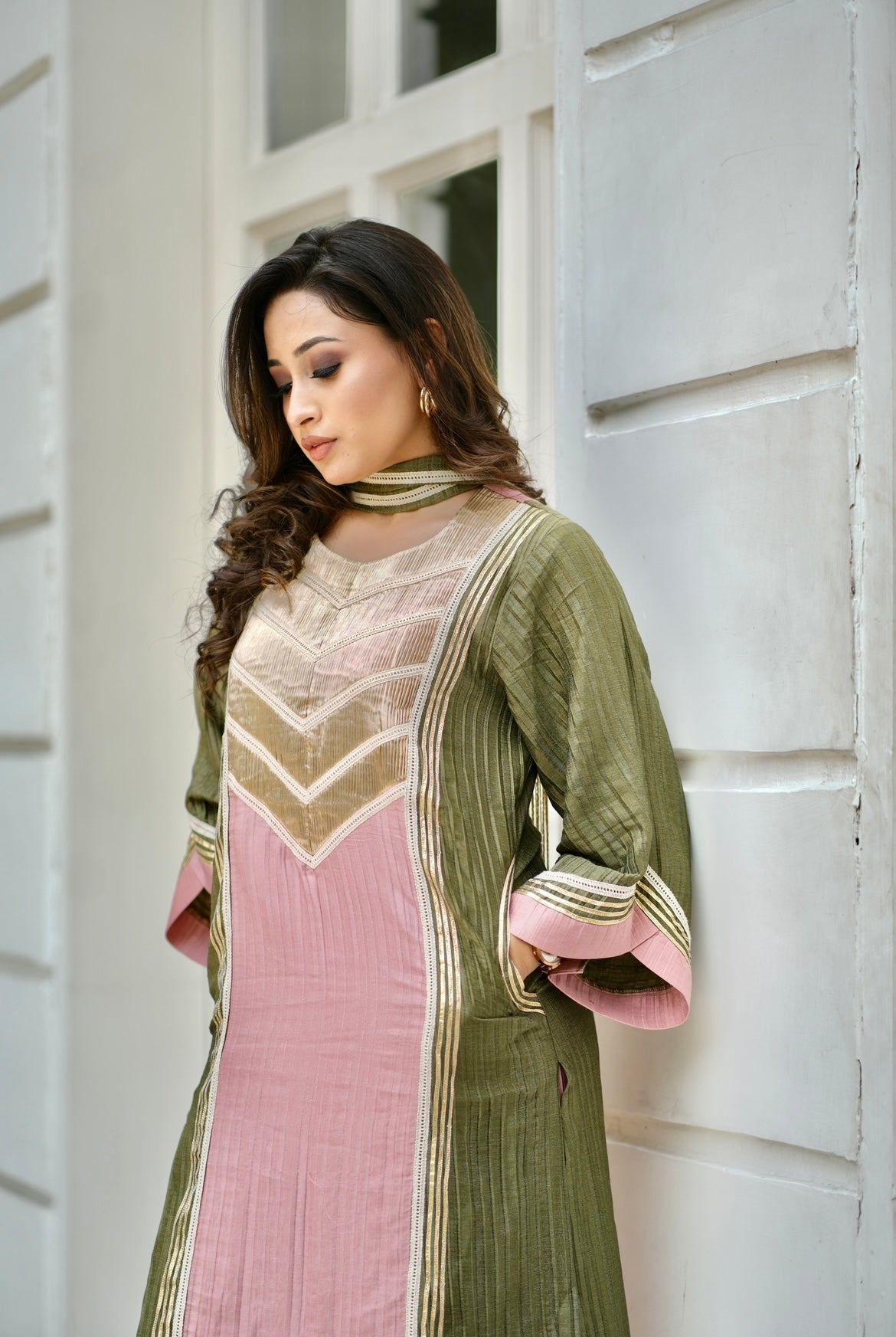 Denim peach olive green farsi salwar set