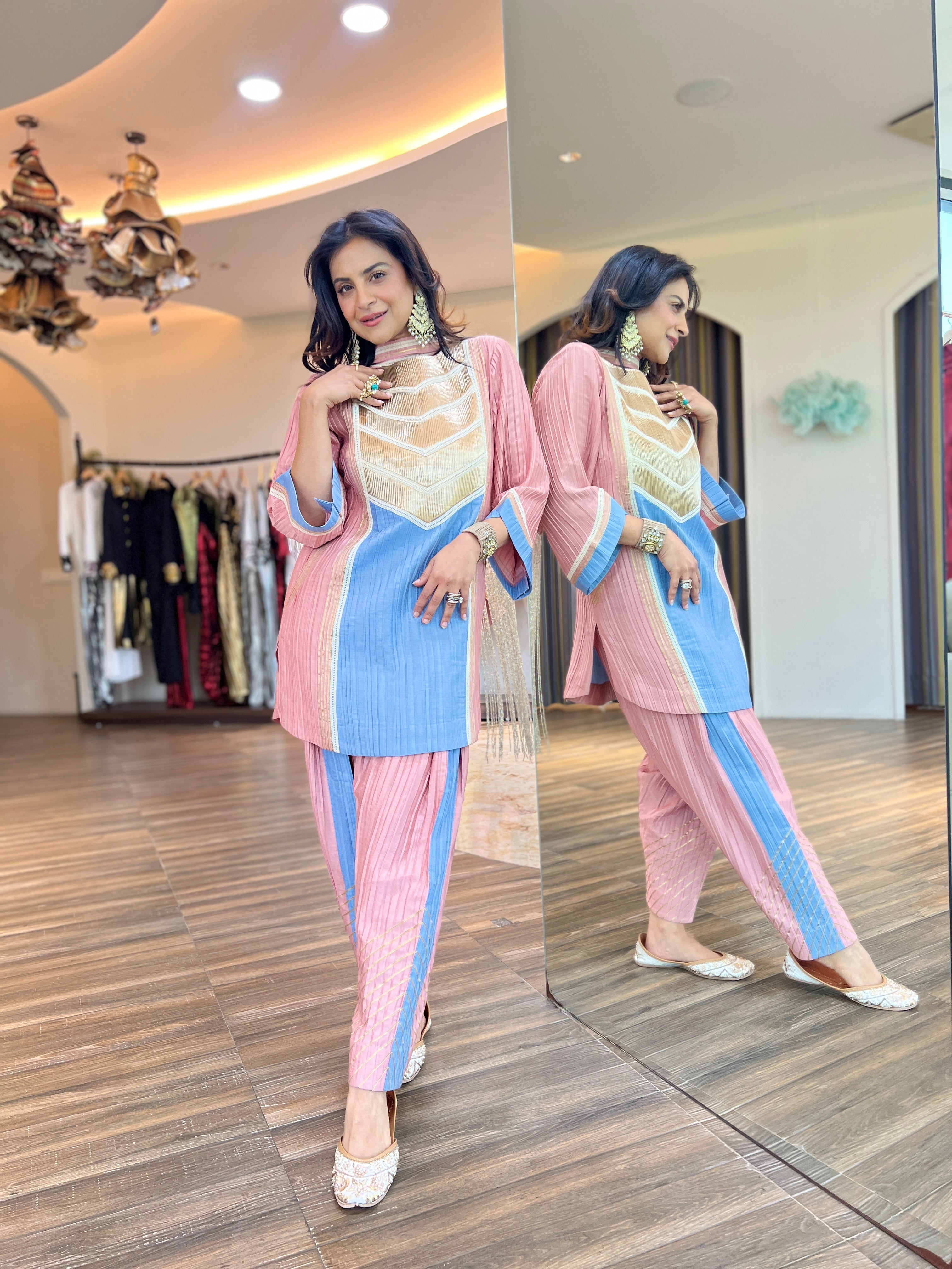 Denim blue peach farsi salwar set