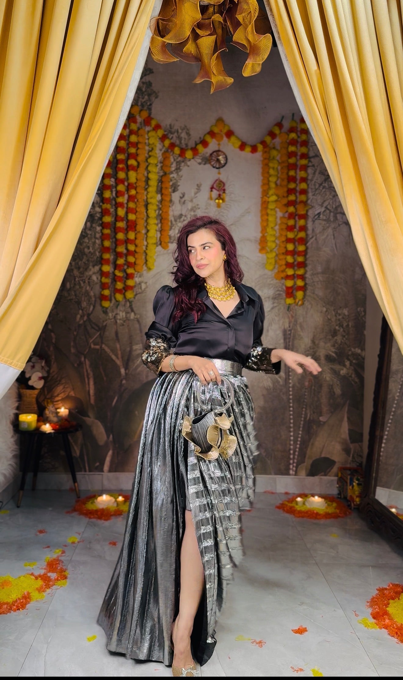 Black Armani shirt with Silver foil cowl skirt