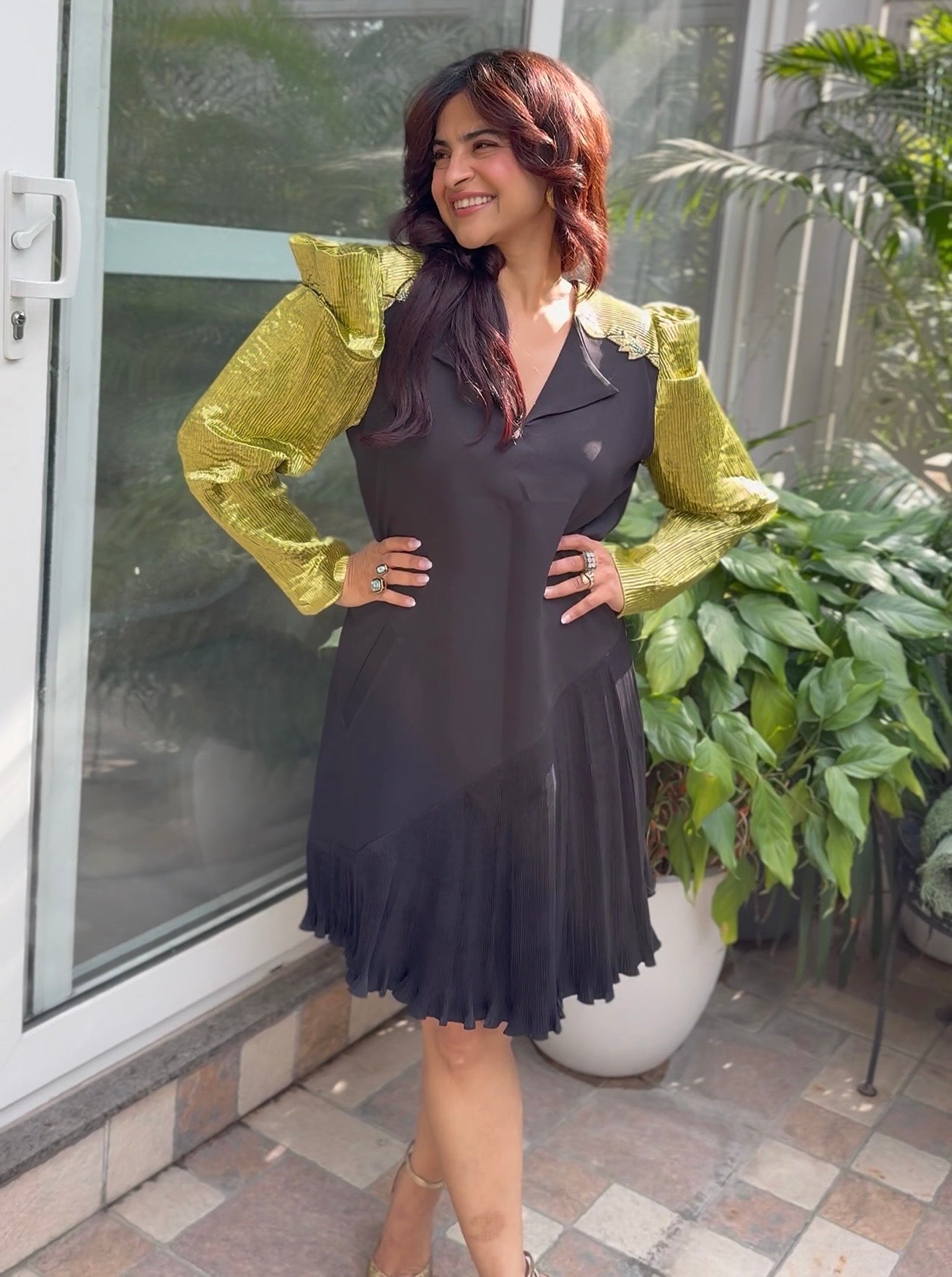 Green Crazy Shoulder Dress in Green