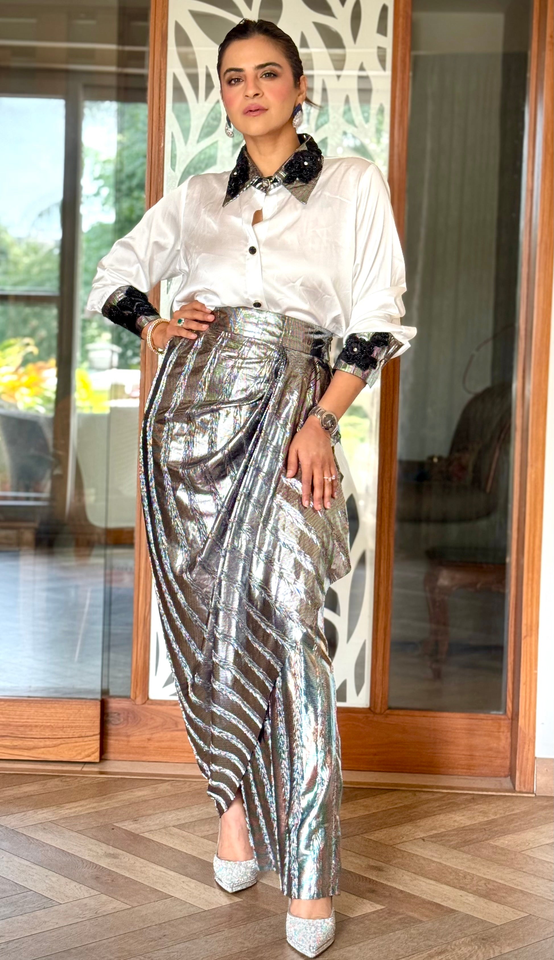 White and silver shirt with drape skirt