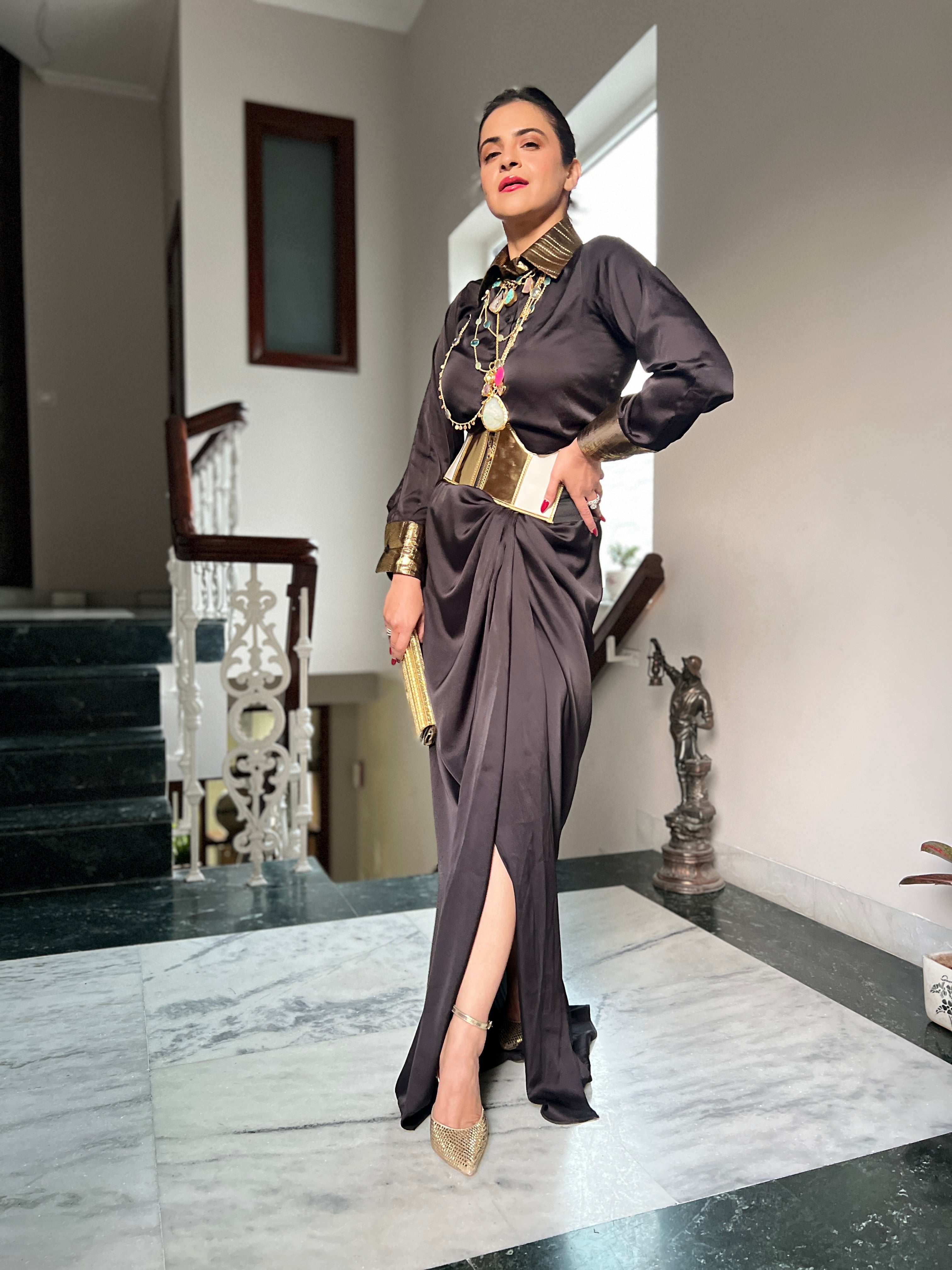 Black satin shirt & drape skirt set