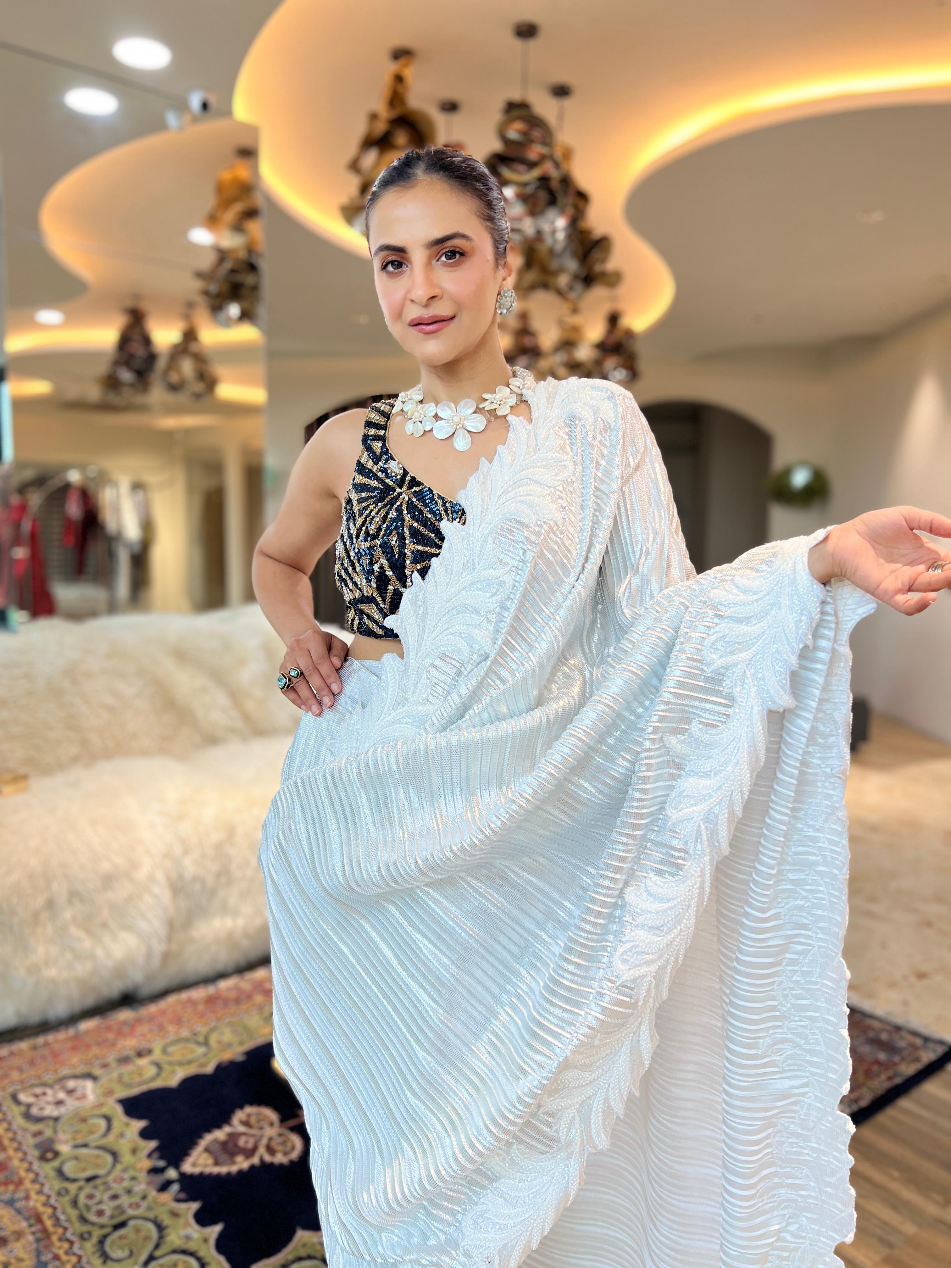 Pearl white embroidered Saree with Zardosi Blouse