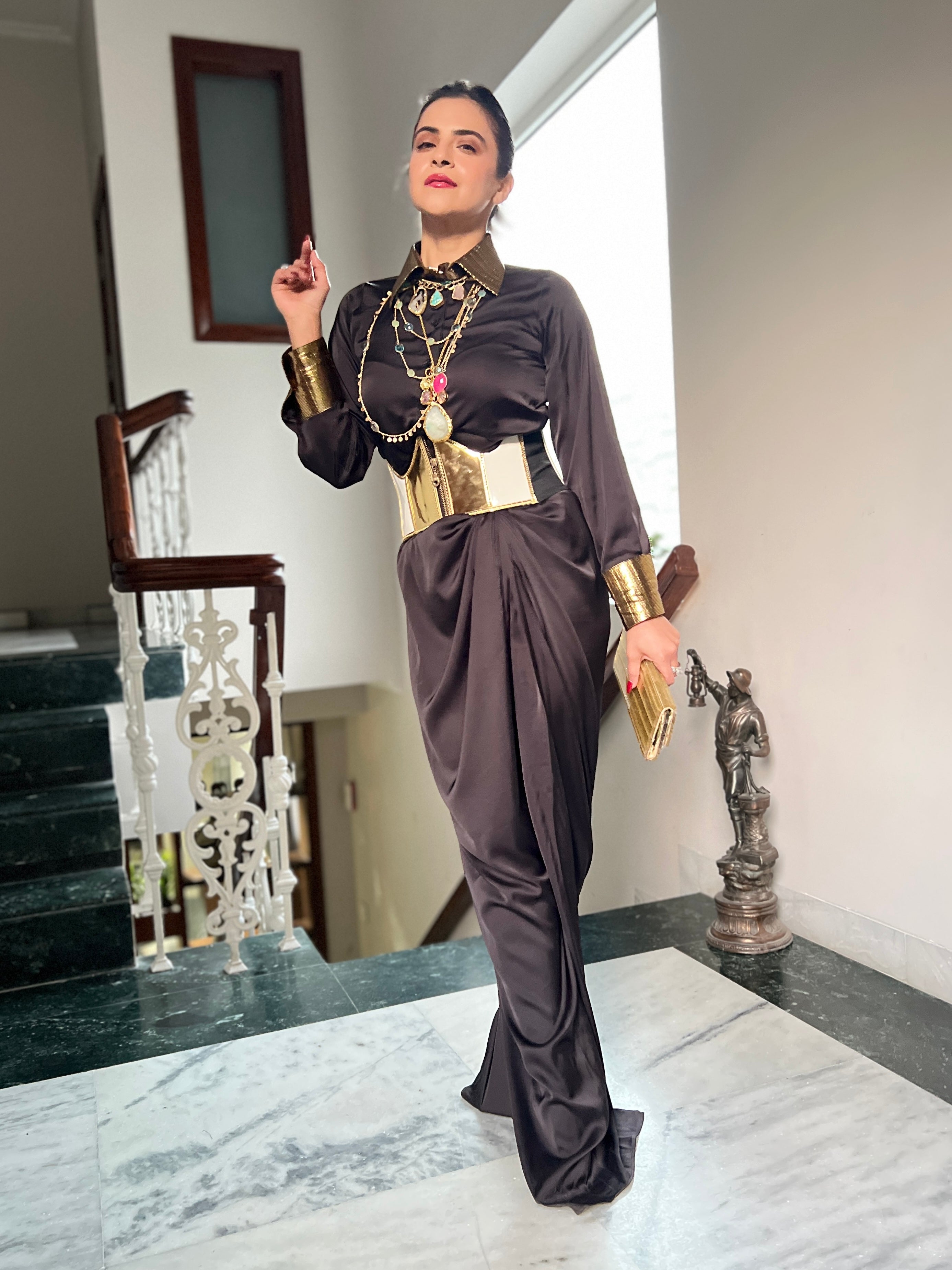 Black satin shirt & drape skirt set