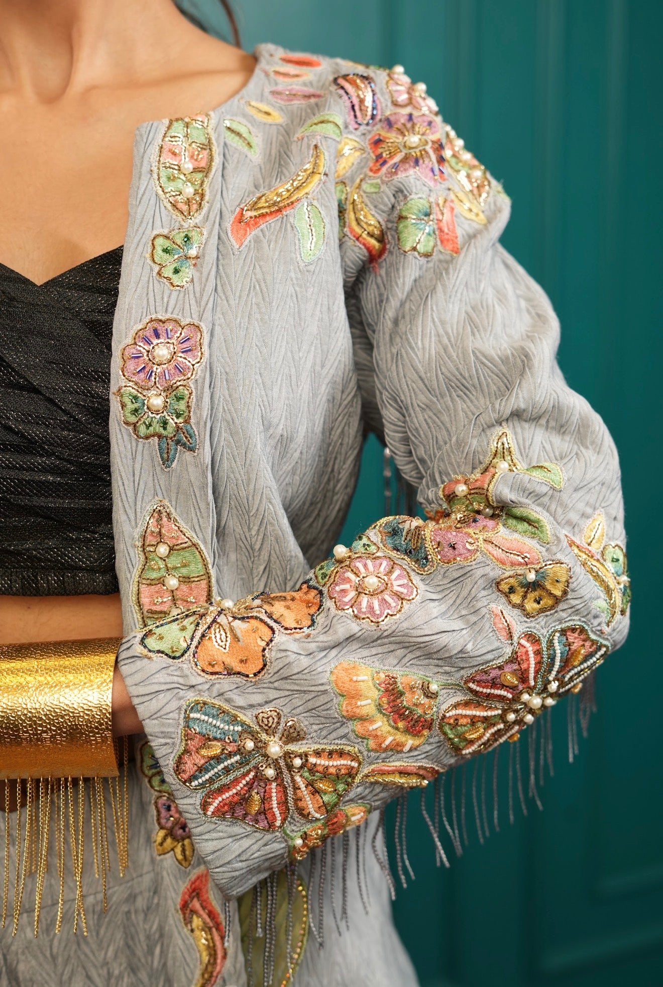 Dove grey denim embellished co ord set