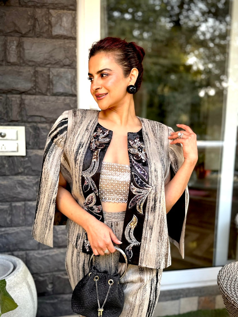 Charcoal embroidered Cape set in Grey